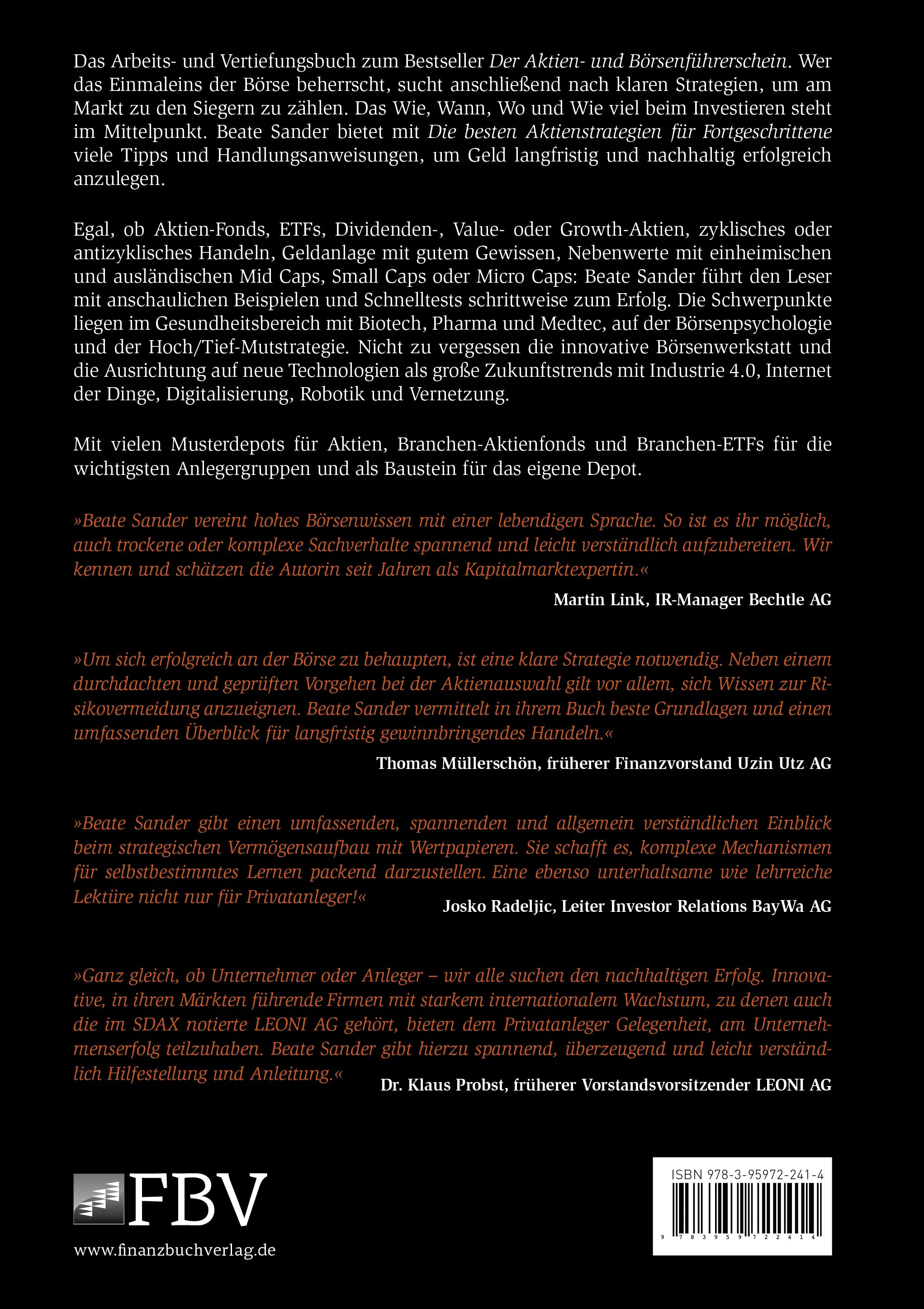Buchrückseite von 'Die besten Aktienstrategien für Fortgeschrittene' mit Klappentext - Gebundene Ausgabe