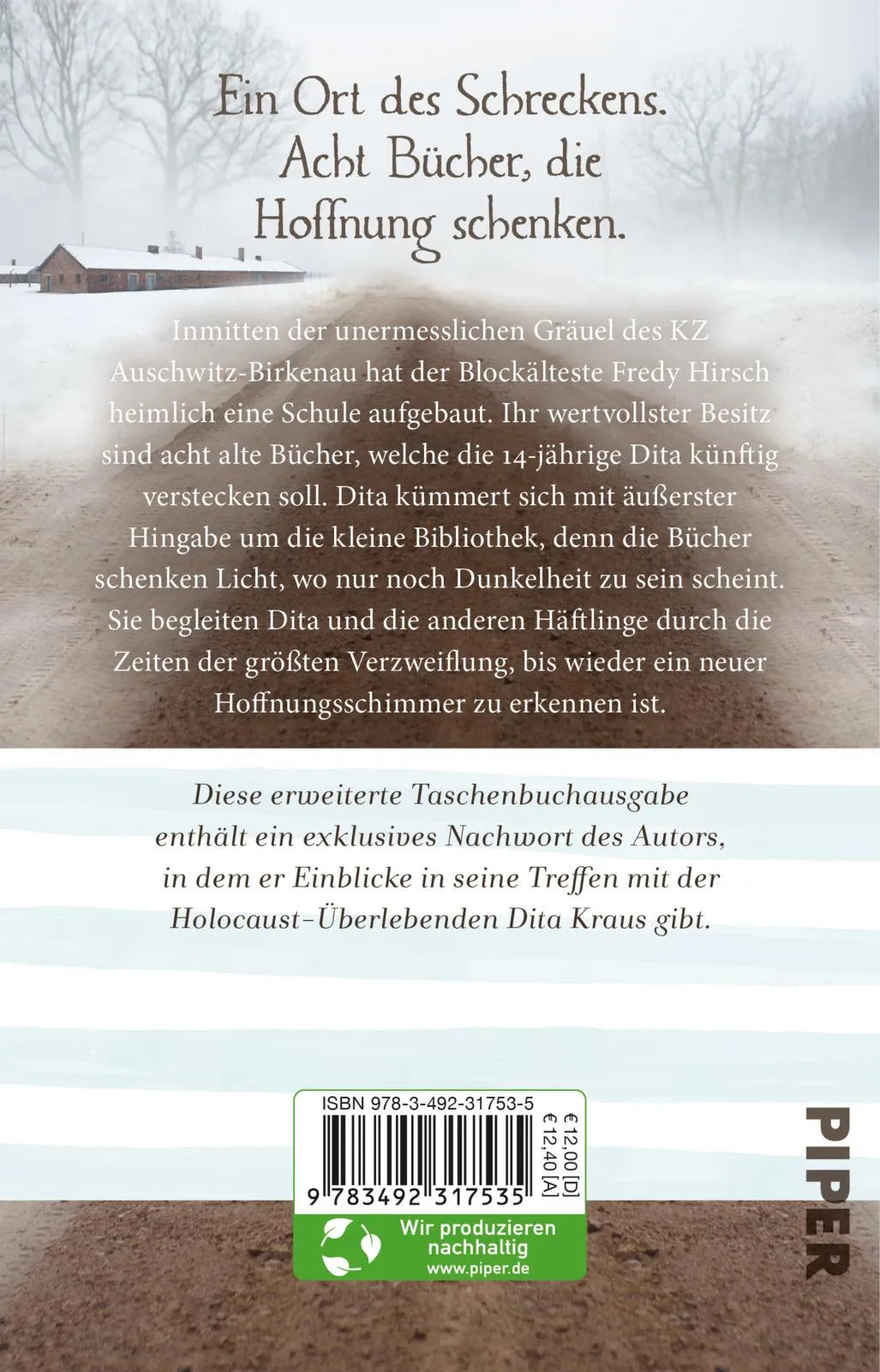 Buchrückseite von 'Die Bibliothekarin von Auschwitz' mit Klappentext - Taschenbuch