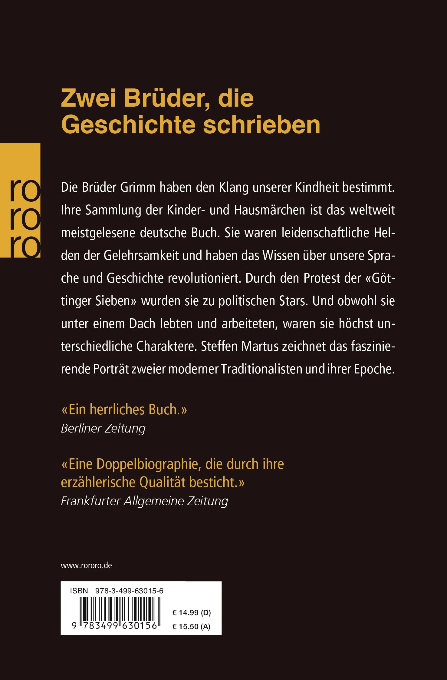 Buchrückseite von 'Die Brüder Grimm' mit Klappentext - Taschenbuch