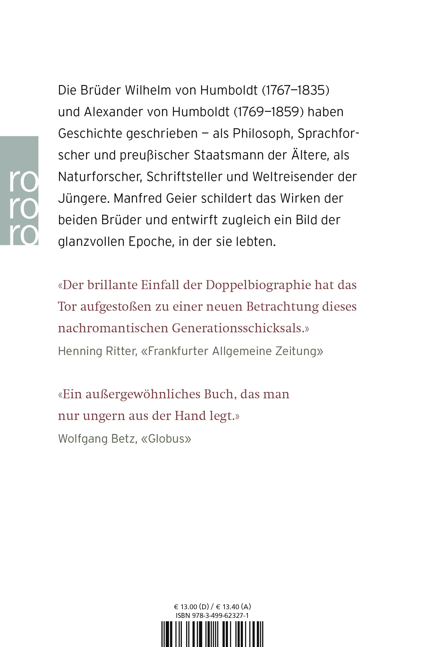 Buchrückseite von 'Die Brüder Humboldt' mit Klappentext - Taschenbuch