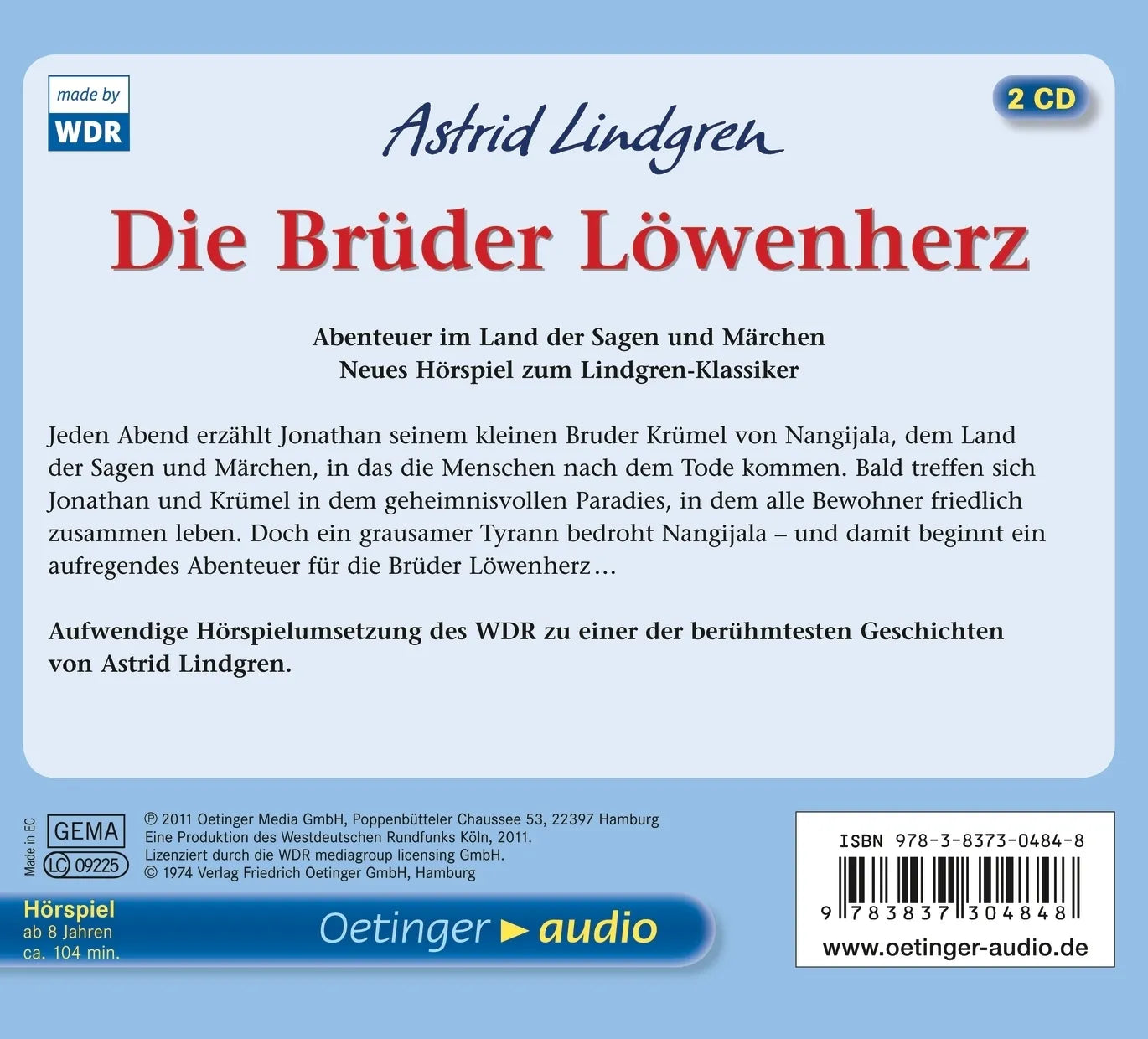 Buchrückseite von 'Die Brüder Löwenherz' mit Klappentext - Hörbuch (CD)