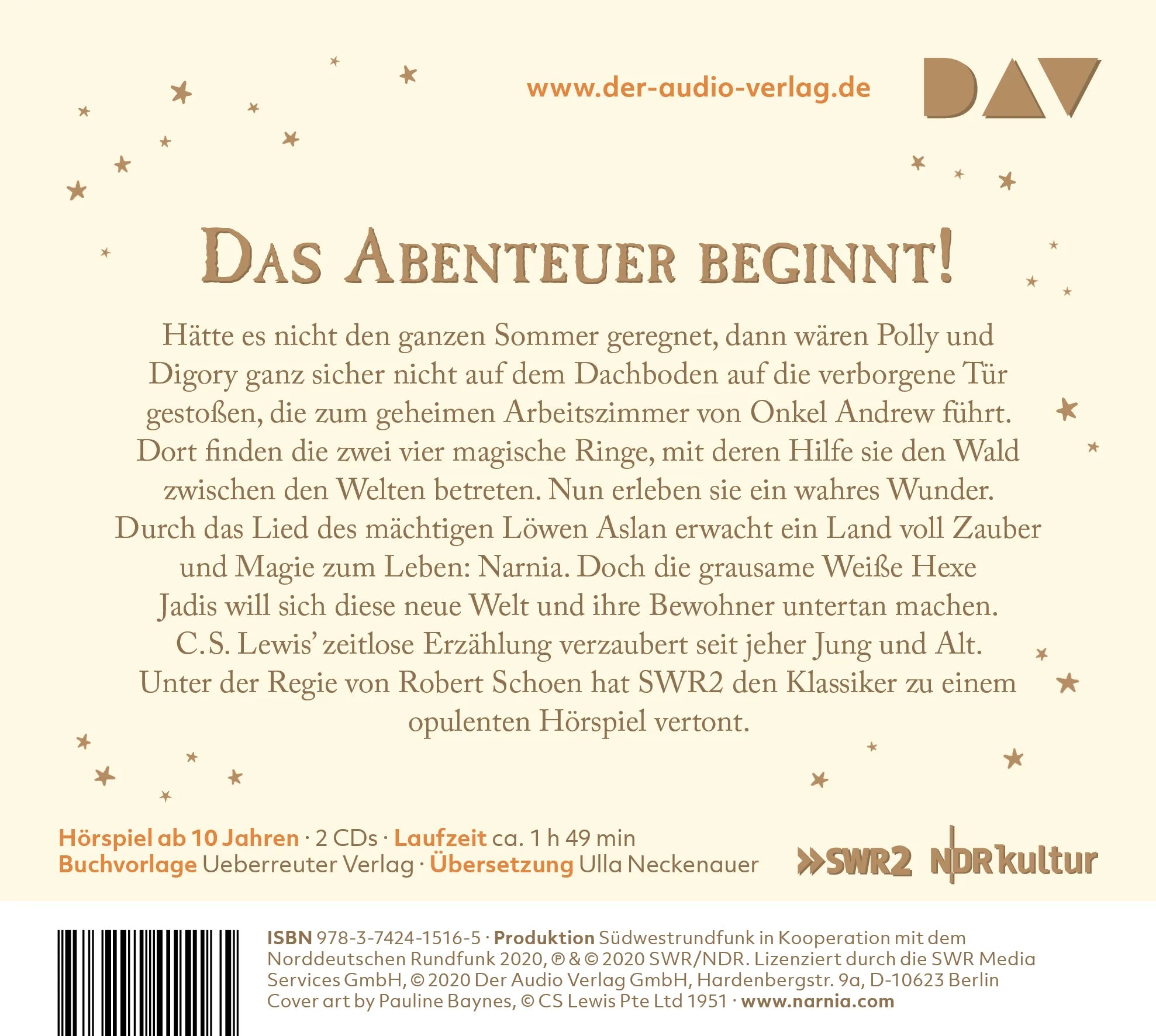 Buchrückseite von 'Die Chroniken von Narnia – Teil 1: Das Wunder von Narnia' mit Klappentext - Hörbuch (CD)