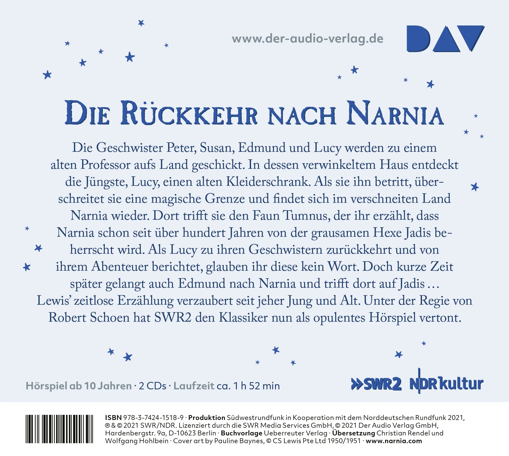 Buchrückseite von 'Die Chroniken von Narnia – Teil 2: Der König von Narnia' mit Klappentext - Hörbuch (CD)