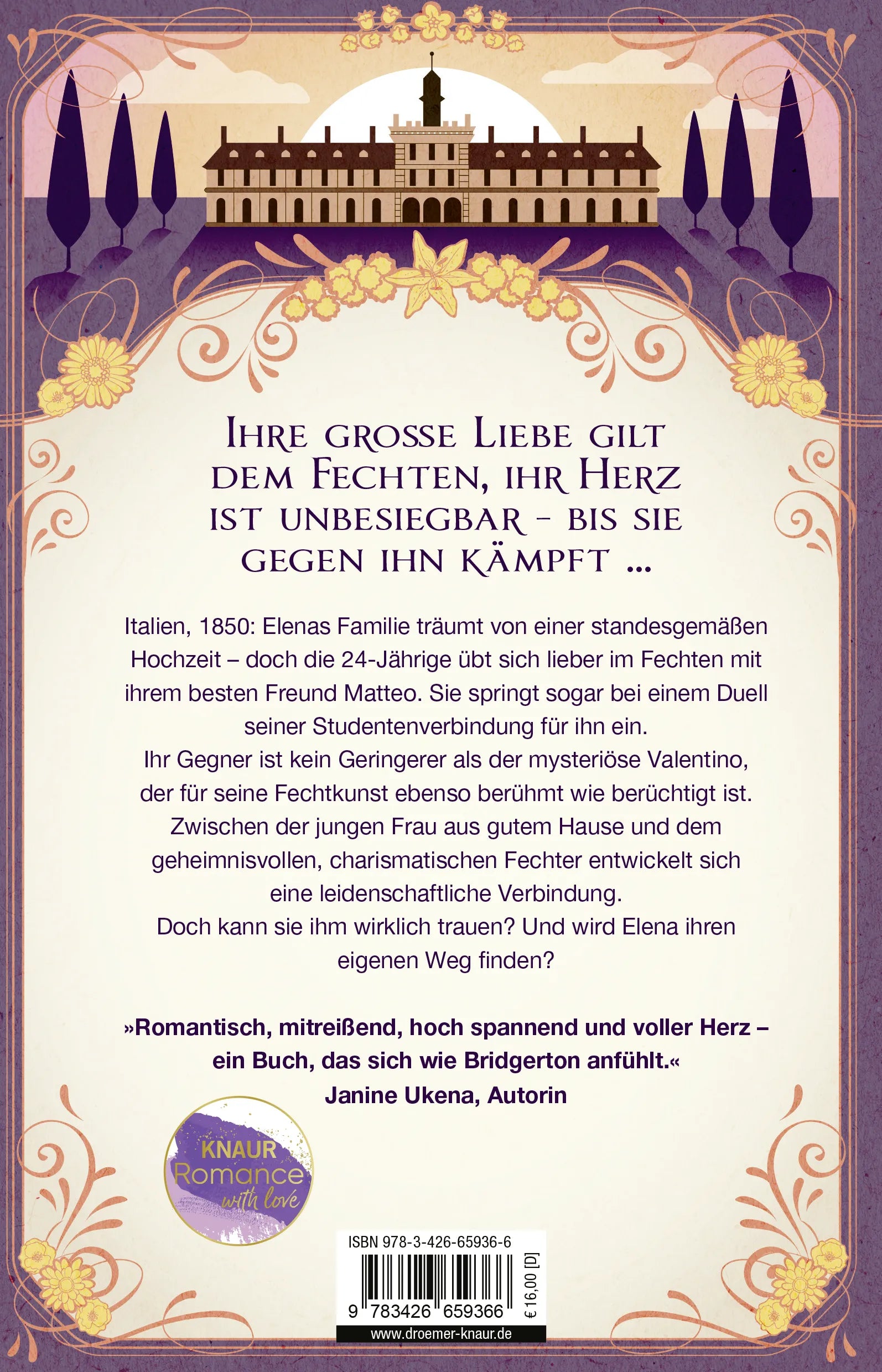 Buchrückseite von 'Die Duellantin. Kein Herz ist unbesiegbar' mit Klappentext - Paperback