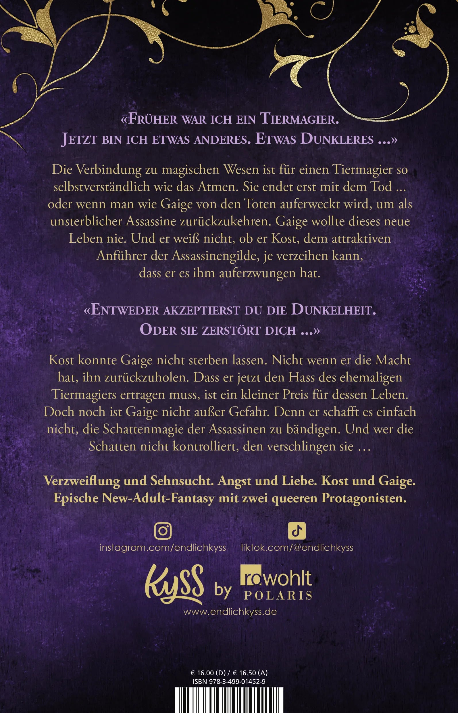 Buchrückseite von 'Die dunklen Tiermagier – Klingen und Rosen' mit Klappentext - Paperback