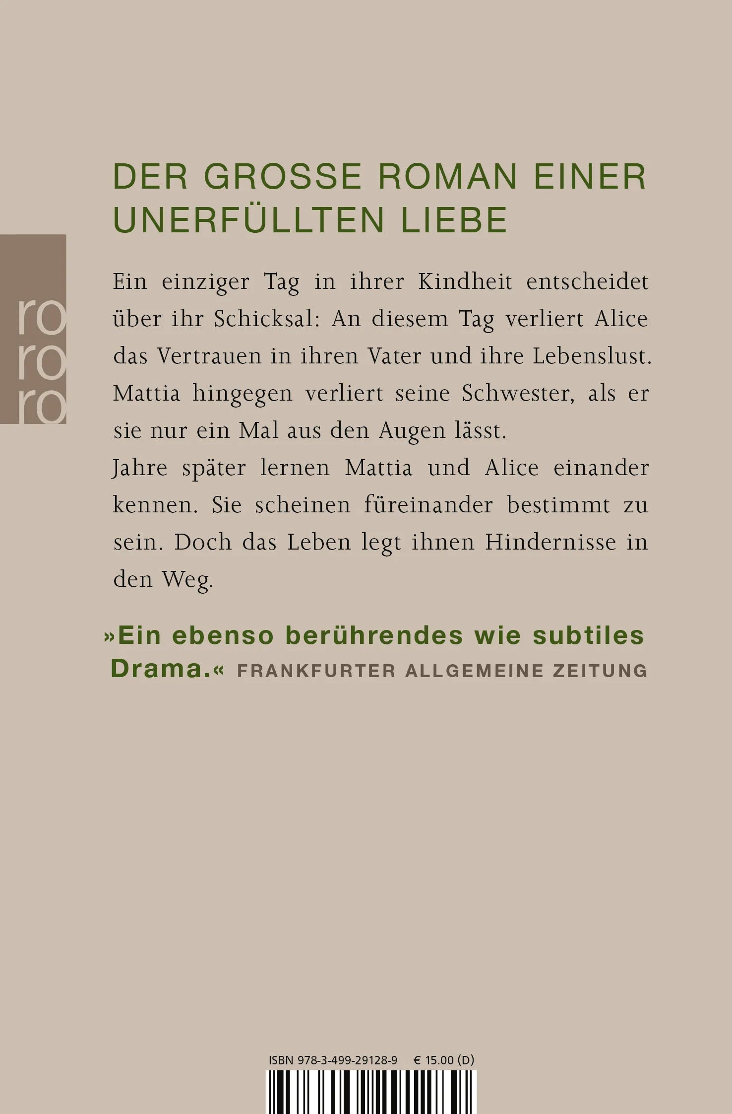 Buchrückseite von 'Die Einsamkeit der Primzahlen' mit Klappentext - Taschenbuch