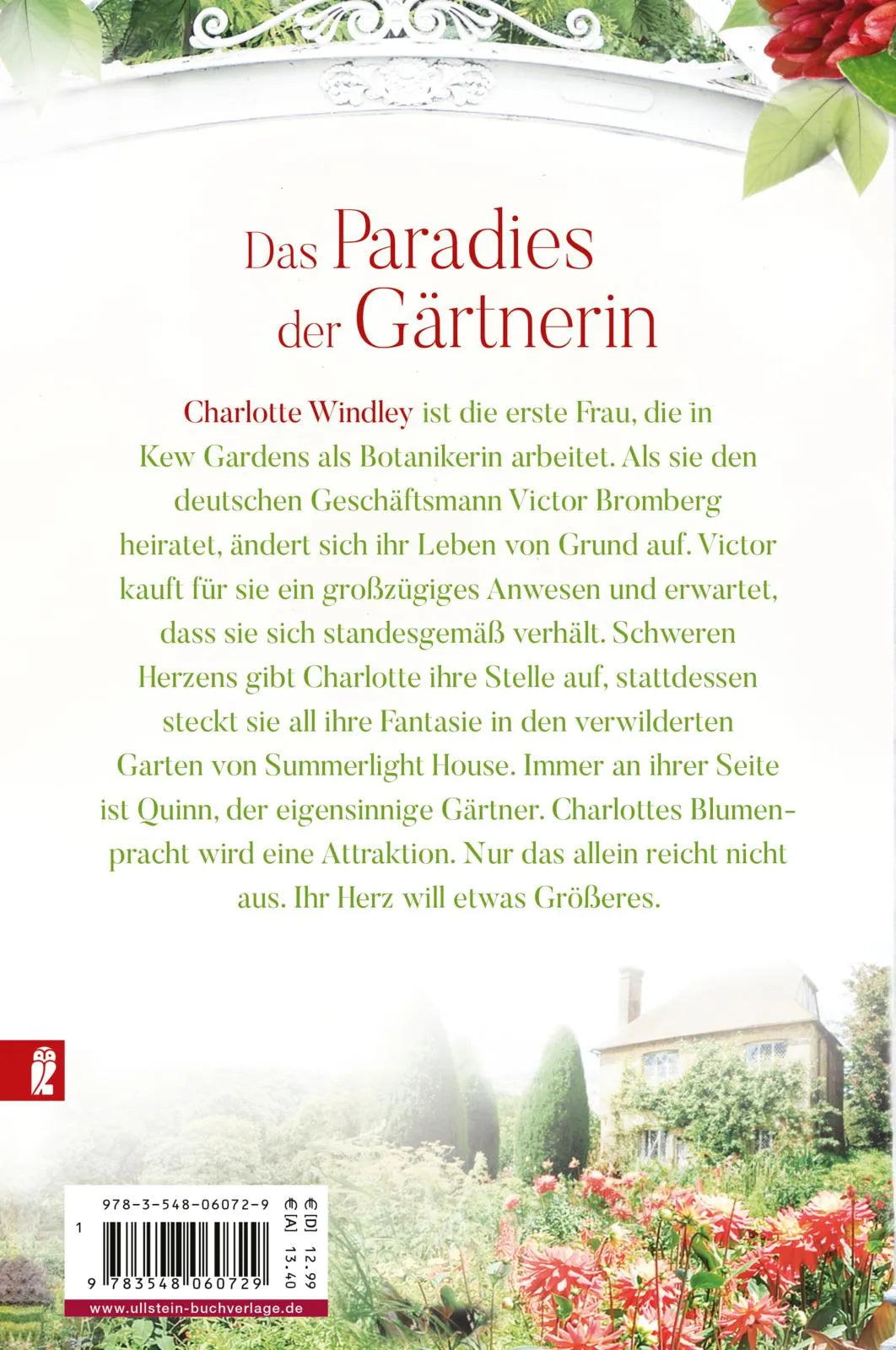Buchrückseite von 'Die englische Gärtnerin - Rote Dahlien' mit Klappentext - Paperback