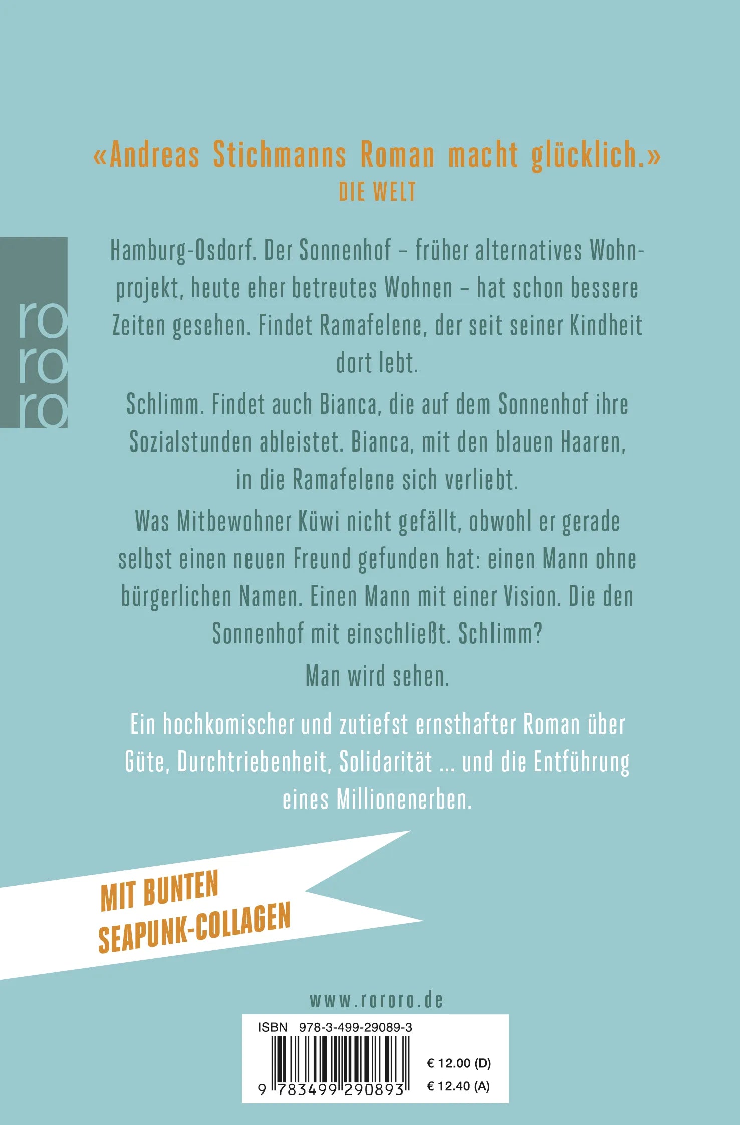 Buchrückseite von 'Die Entführung des Optimisten Sydney Seapunk' mit Klappentext - Taschenbuch