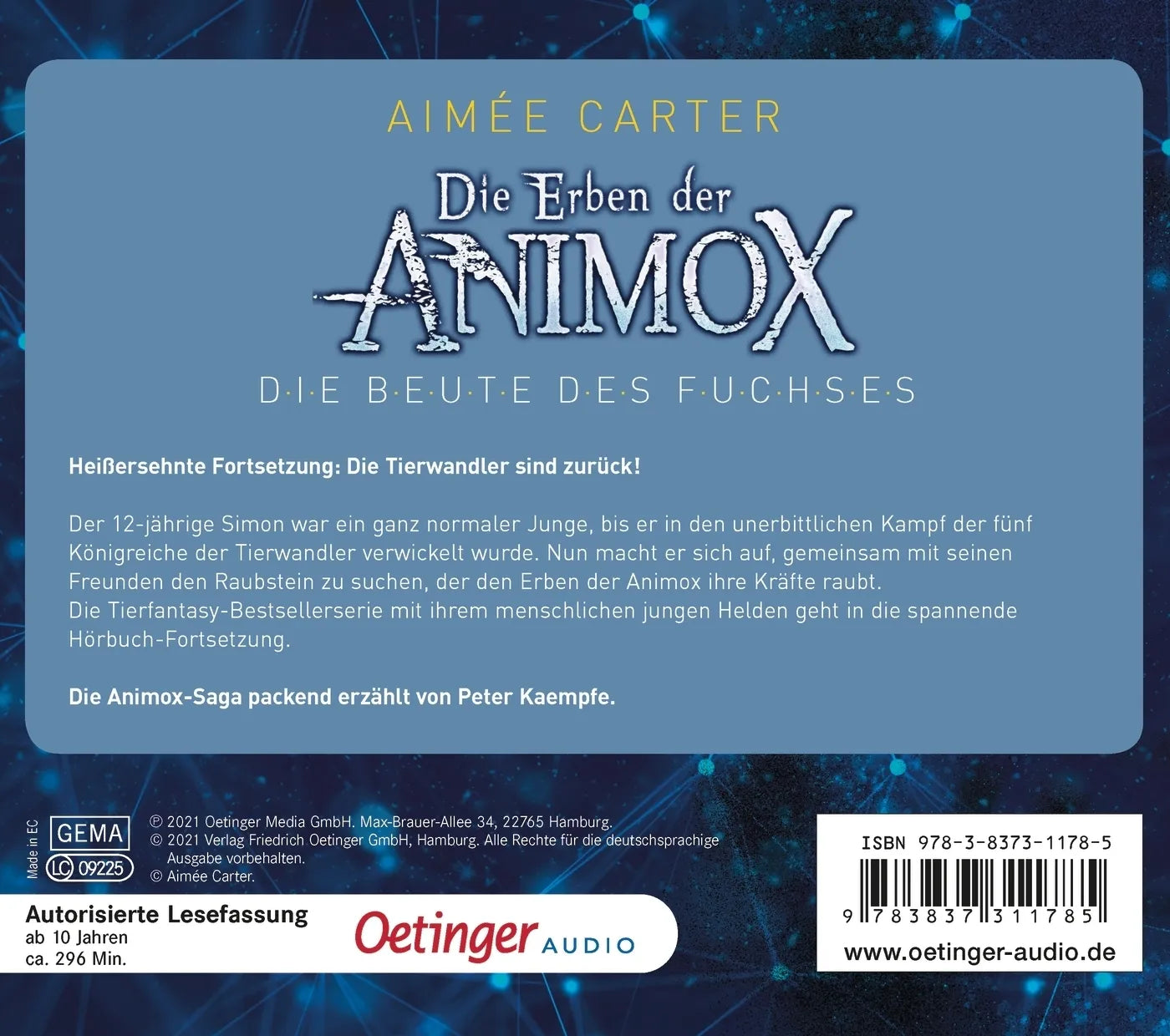 Buchrückseite von 'Die Erben der Animox 1. Die Beute des Fuchses' mit Klappentext - Hörbuch (CD)