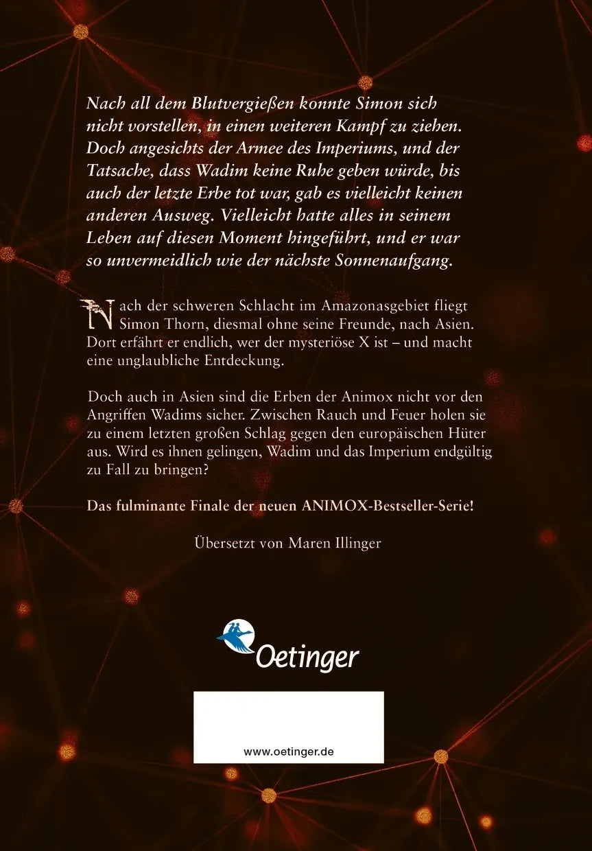 Buchrückseite von 'Die Erben der Animox 5. Die Rache des Tigers' mit Klappentext - Gebundene Ausgabe