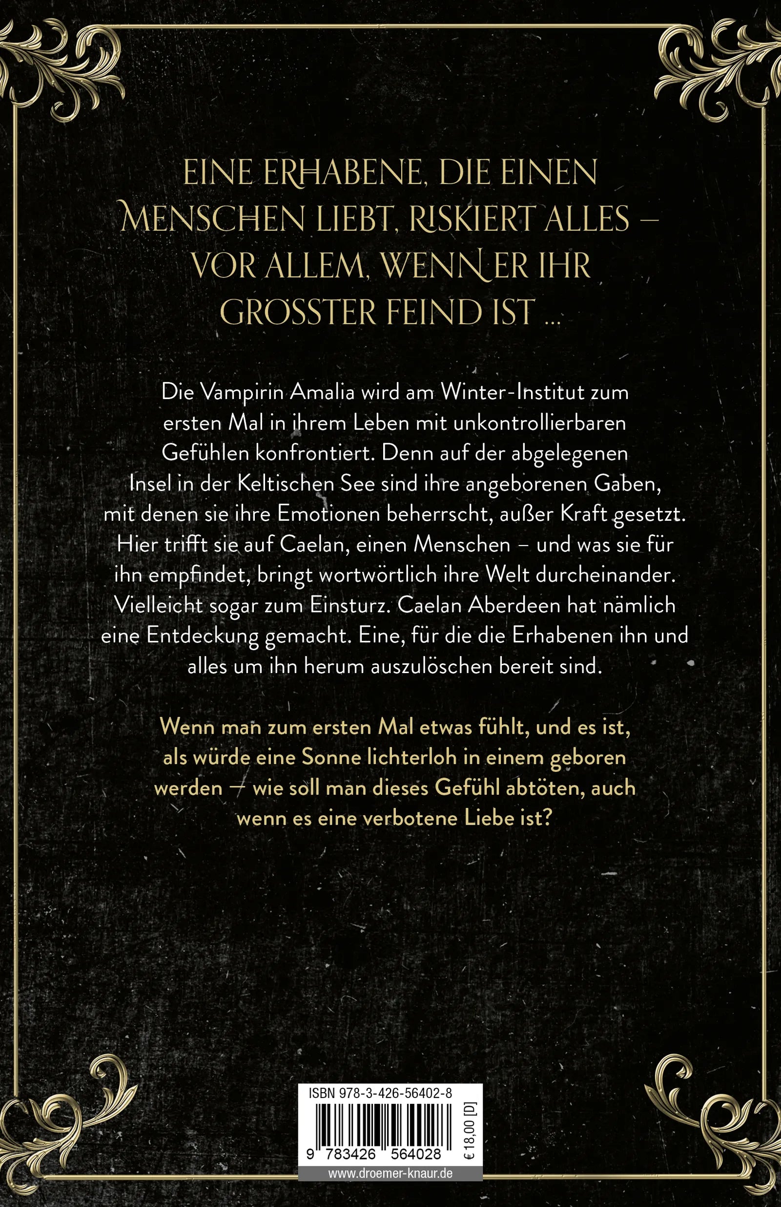 Buchrückseite von 'Die Erhabenen - Liebe, so rot wie Blut' mit Klappentext - Paperback