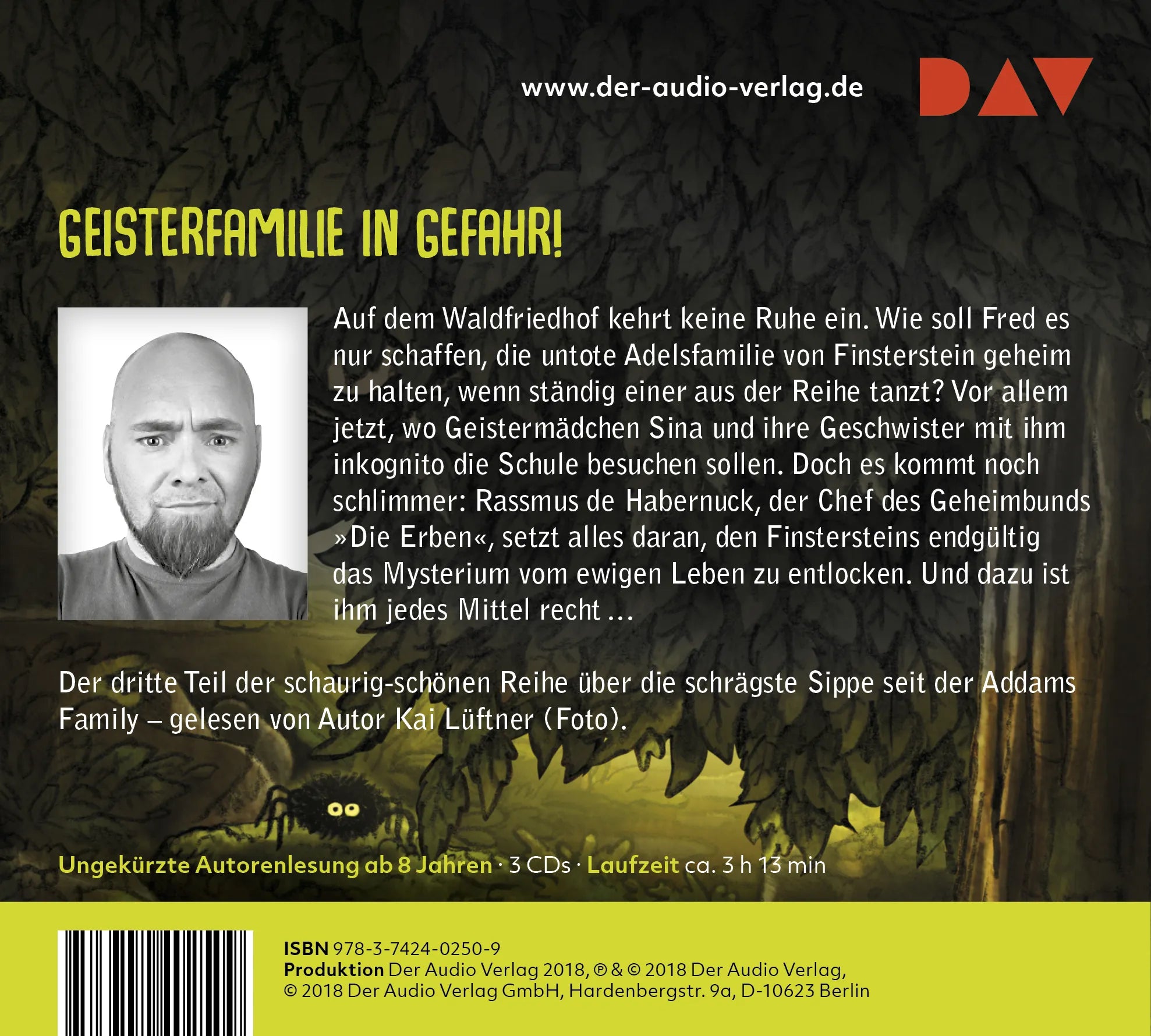 Buchrückseite von 'Die Finstersteins – Teil 3: Den Letzten beißt das Krokodil!' mit Klappentext - Hörbuch (CD)