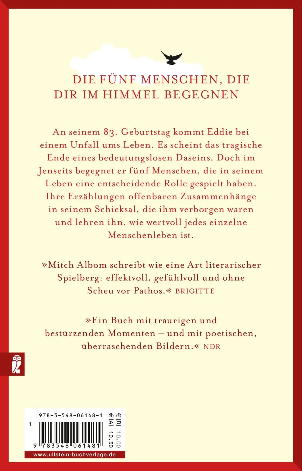 Buchrückseite von 'Die fünf Menschen, die dir im Himmel begegnen' mit Klappentext - Taschenbuch