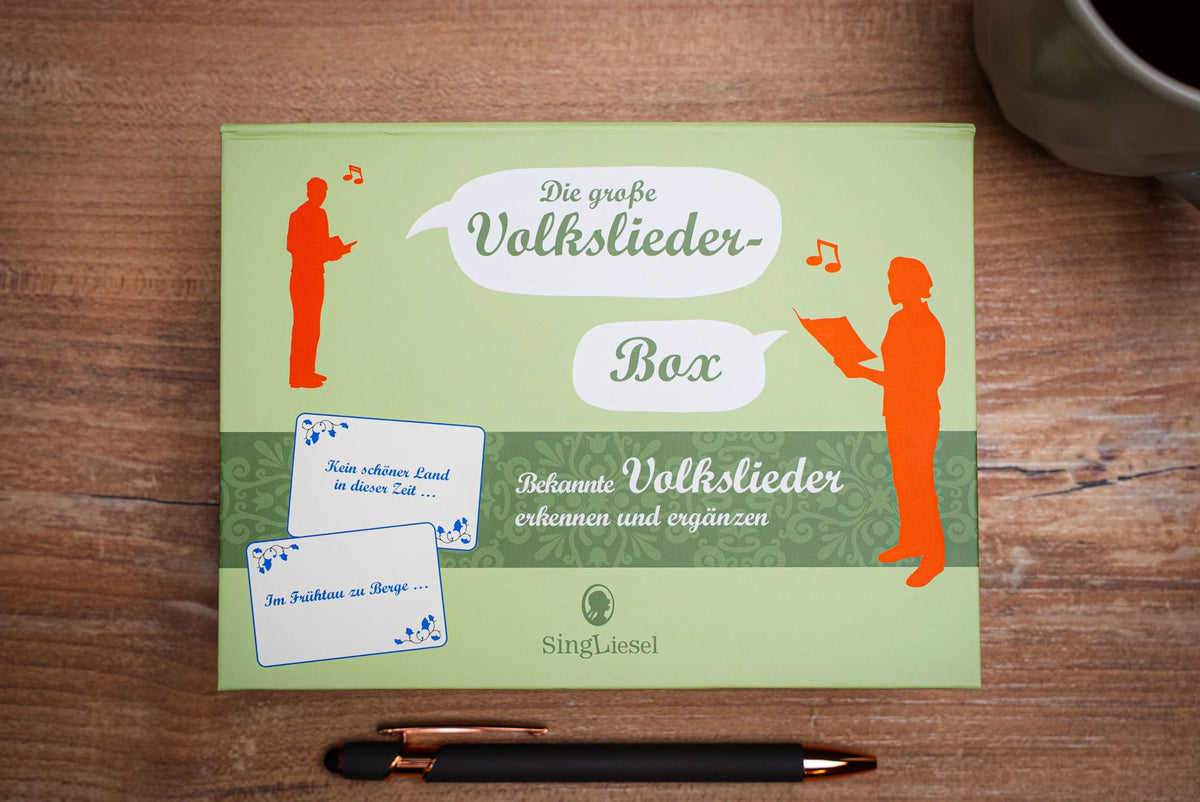 Die große Volkslieder-Quiz-Box für Senioren. Das Spiel rund um bekannte Volkslieder für Senioren. Auch mit Demenz. Spiele Box mit 100 Karten. – Ansicht