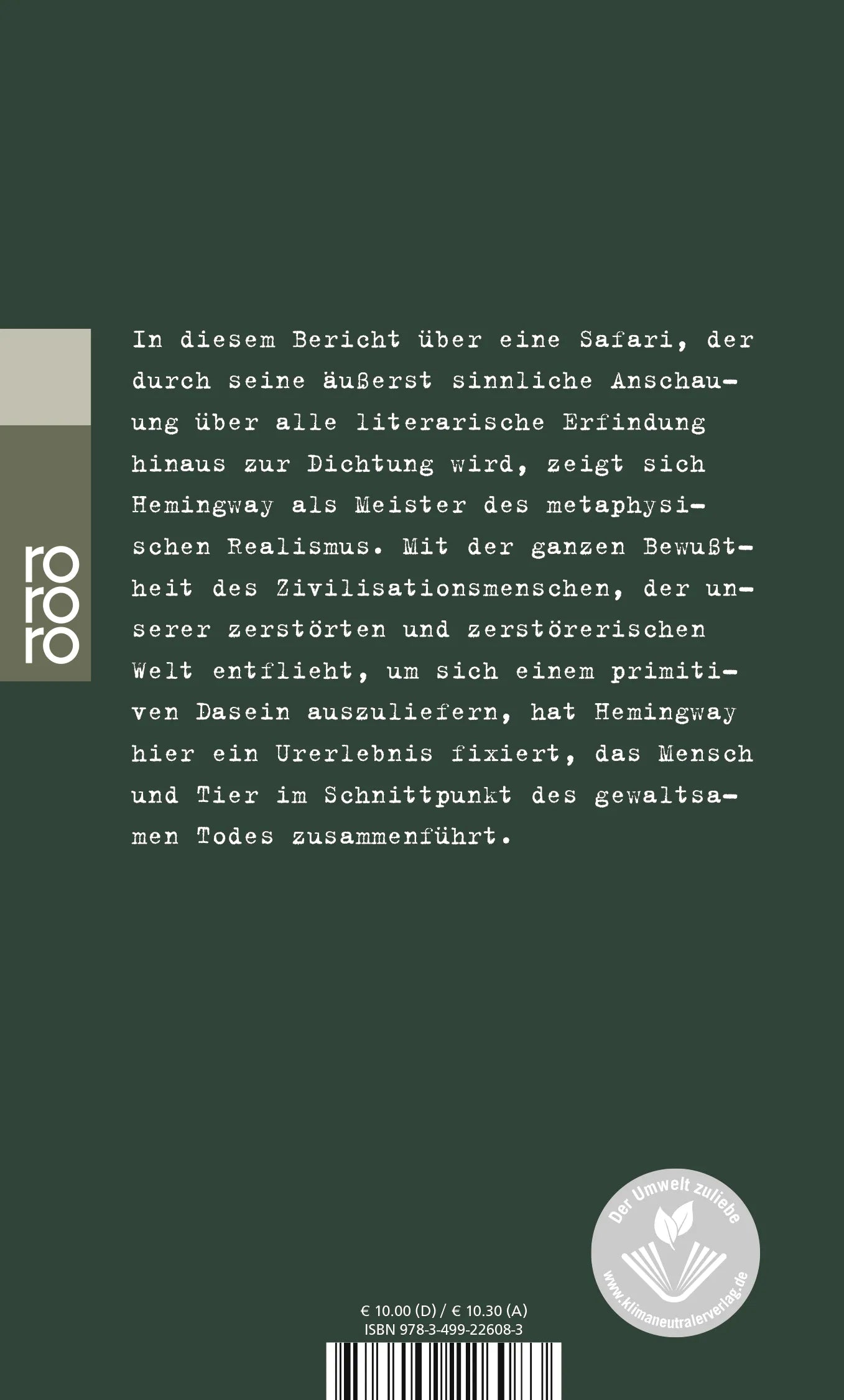 Buchrückseite von 'Die grünen Hügel Afrikas' mit Klappentext - Taschenbuch