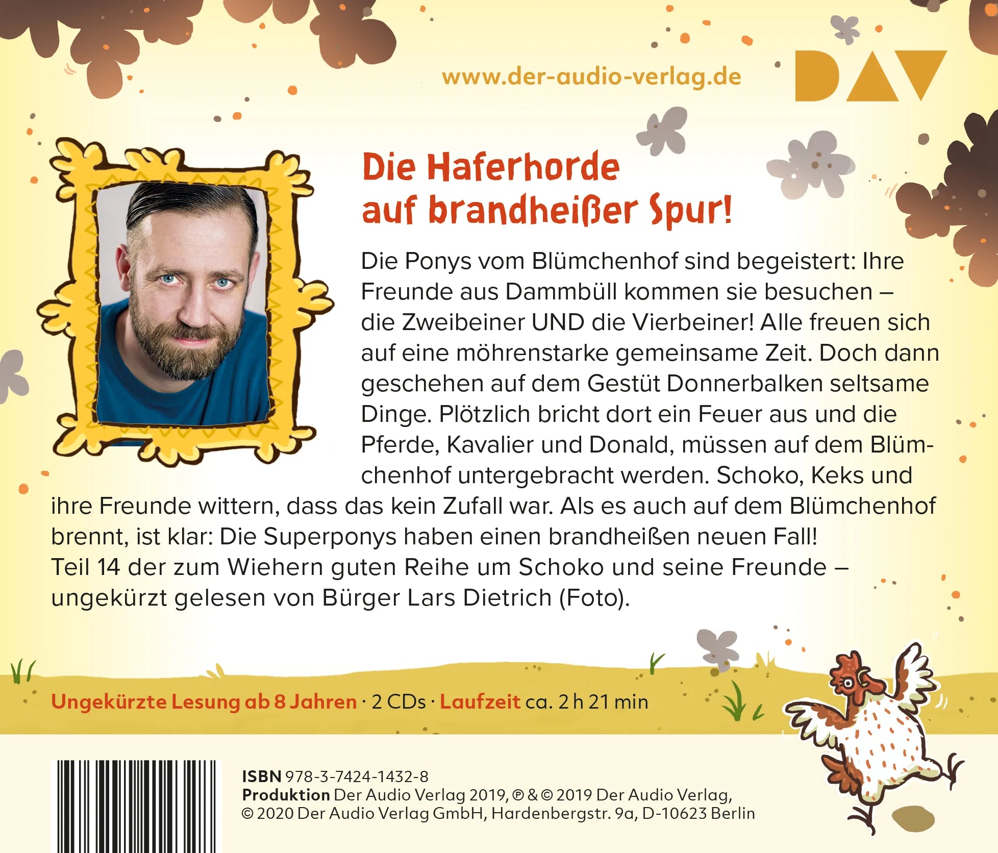 Buchrückseite von 'Die Haferhorde – Teil 14: Löschen im Galopp' mit Klappentext - Hörbuch (CD)