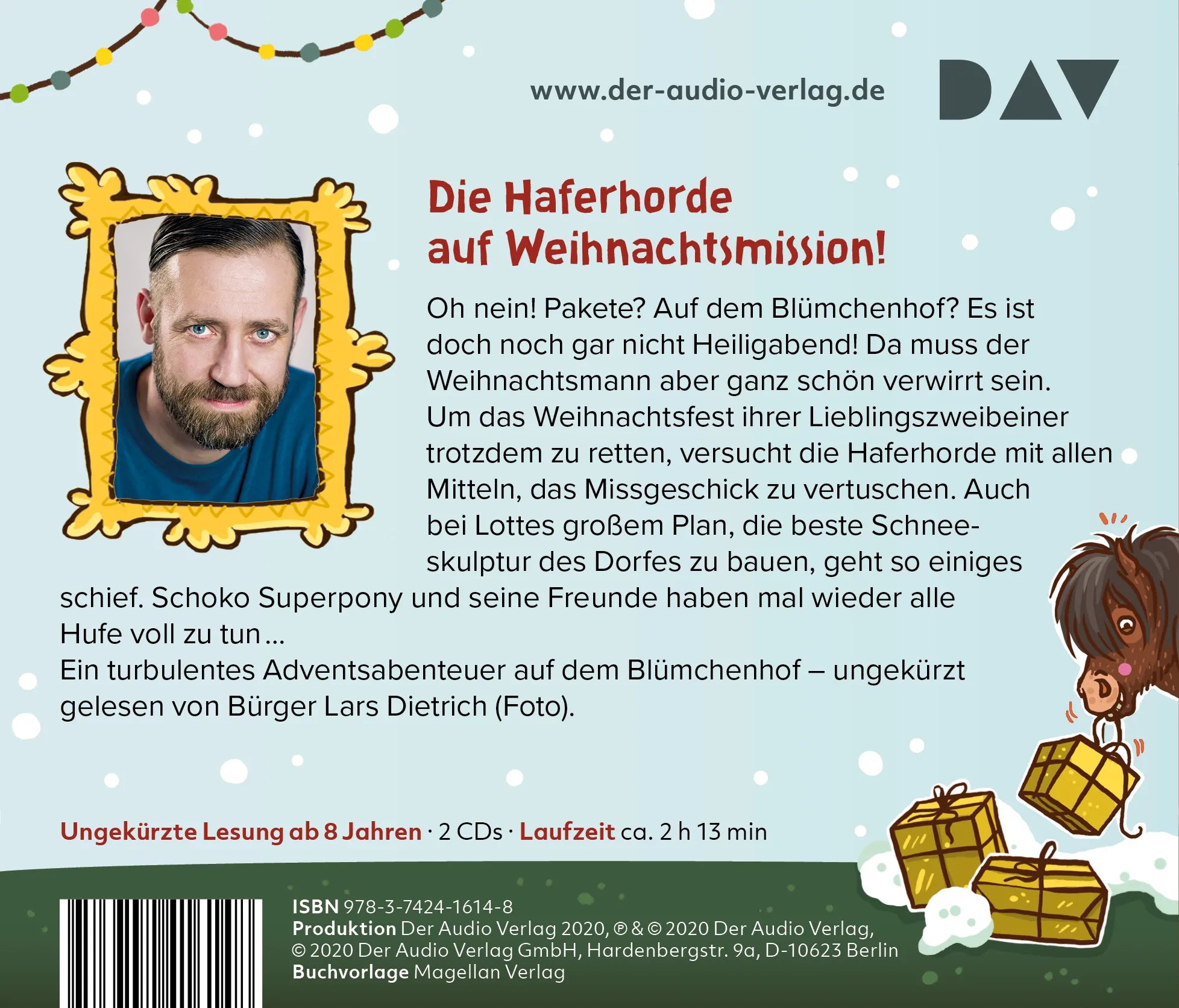 Buchrückseite von 'Die Haferhorde – Teil 16: Advent, Advent, ein Pony rennt!' mit Klappentext - Hörbuch (CD)