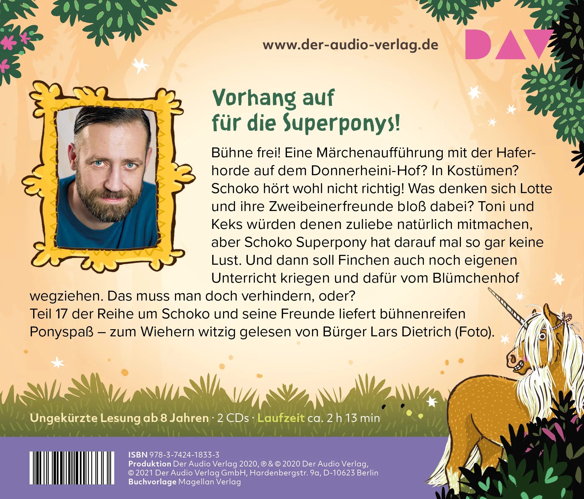 Buchrückseite von 'Die Haferhorde – Teil 17: Märchenstund‘ hat Heu im Mund' mit Klappentext - Hörbuch (CD)