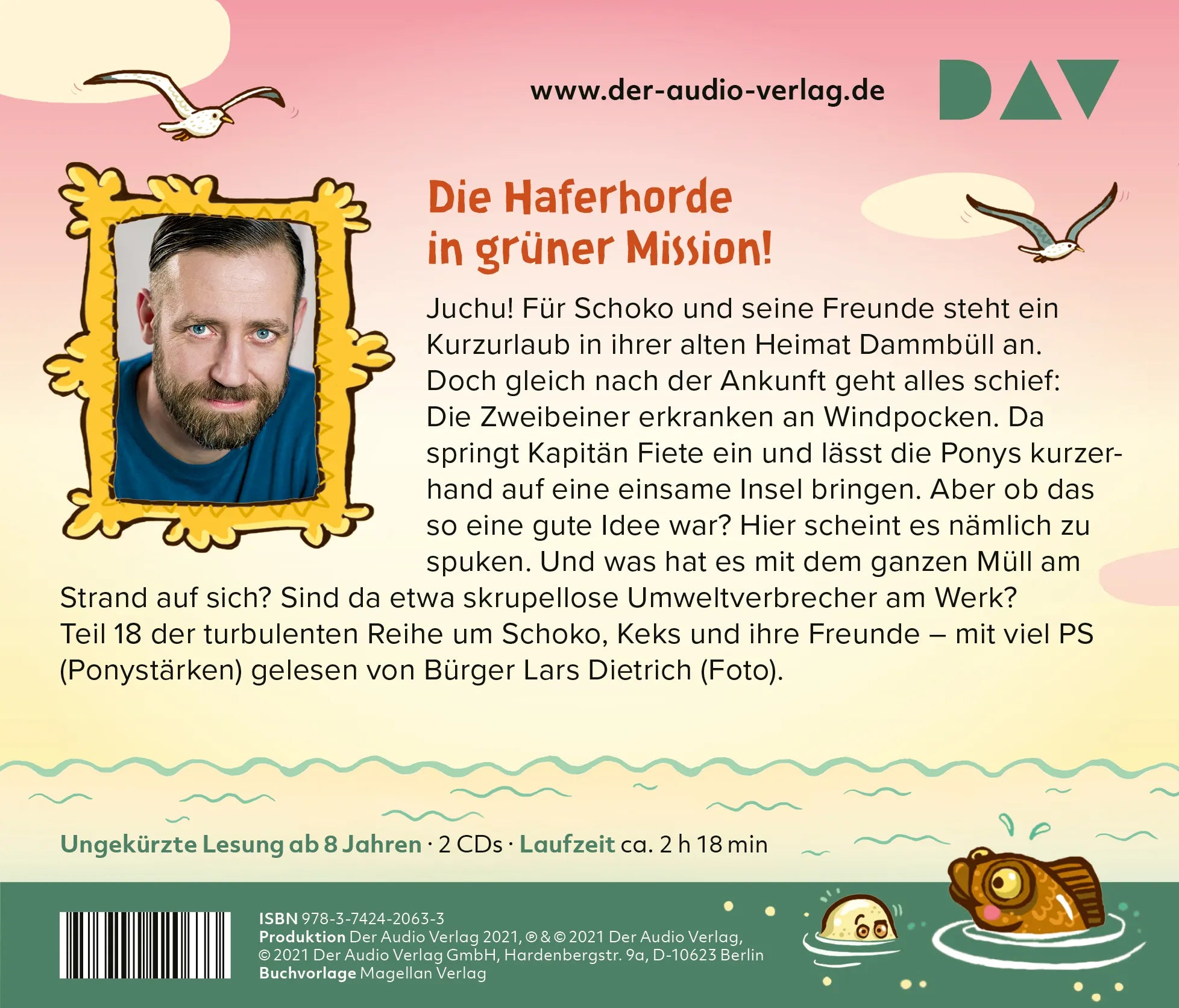Buchrückseite von 'Die Haferhorde – Teil 18: Pony bei die Fische' mit Klappentext - Hörbuch (CD)