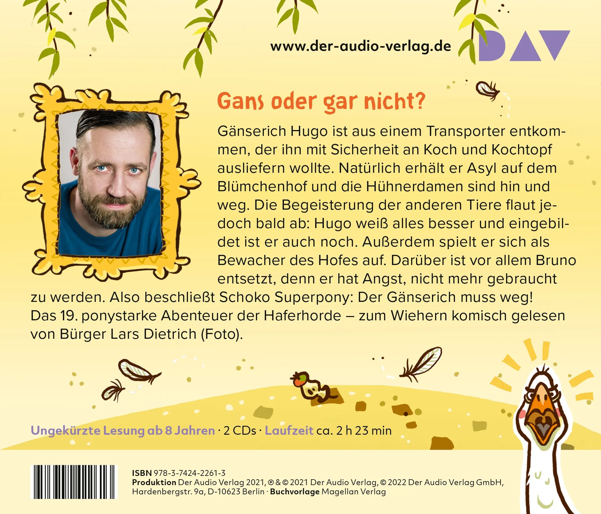 Buchrückseite von 'Die Haferhorde – Teil 19: Gans schön gefährlich!' mit Klappentext - Hörbuch (CD)