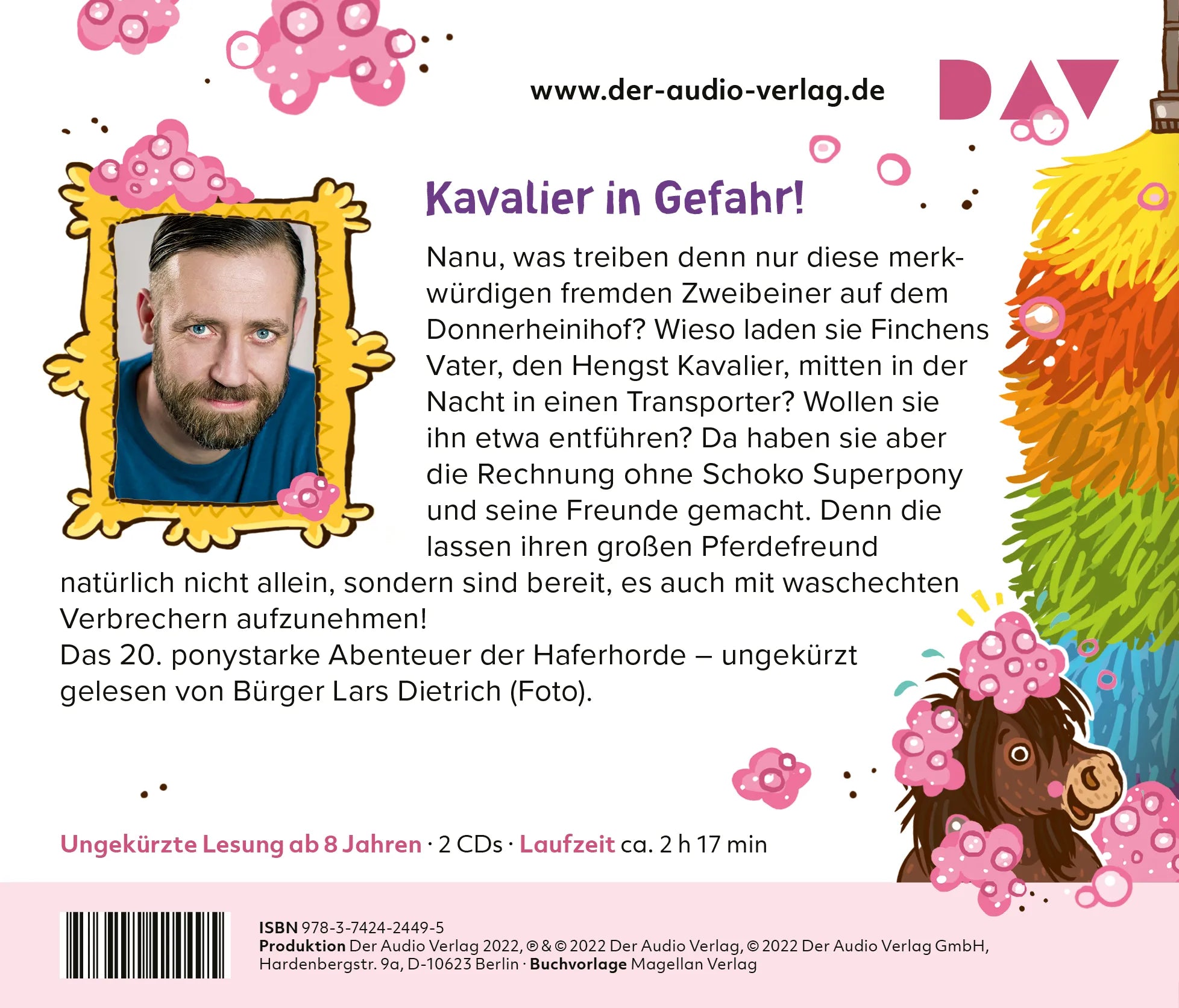 Buchrückseite von 'Die Haferhorde – Teil 20: Mit allen Ponywassern gewaschen' mit Klappentext - Hörbuch (CD)