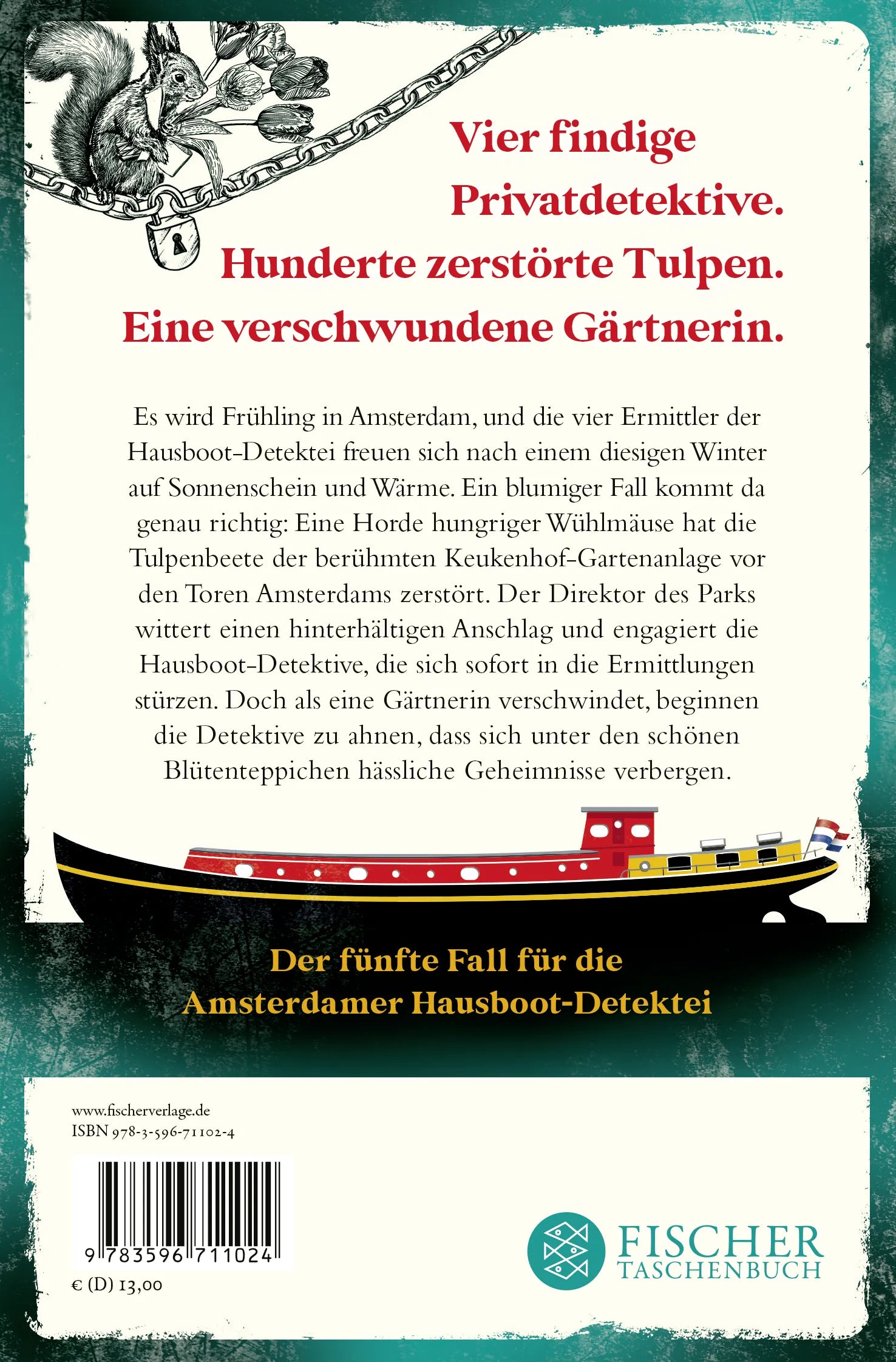 Buchrückseite von 'Die Hausboot-Detektei - Tödliche Blüten' mit Klappentext - Taschenbuch