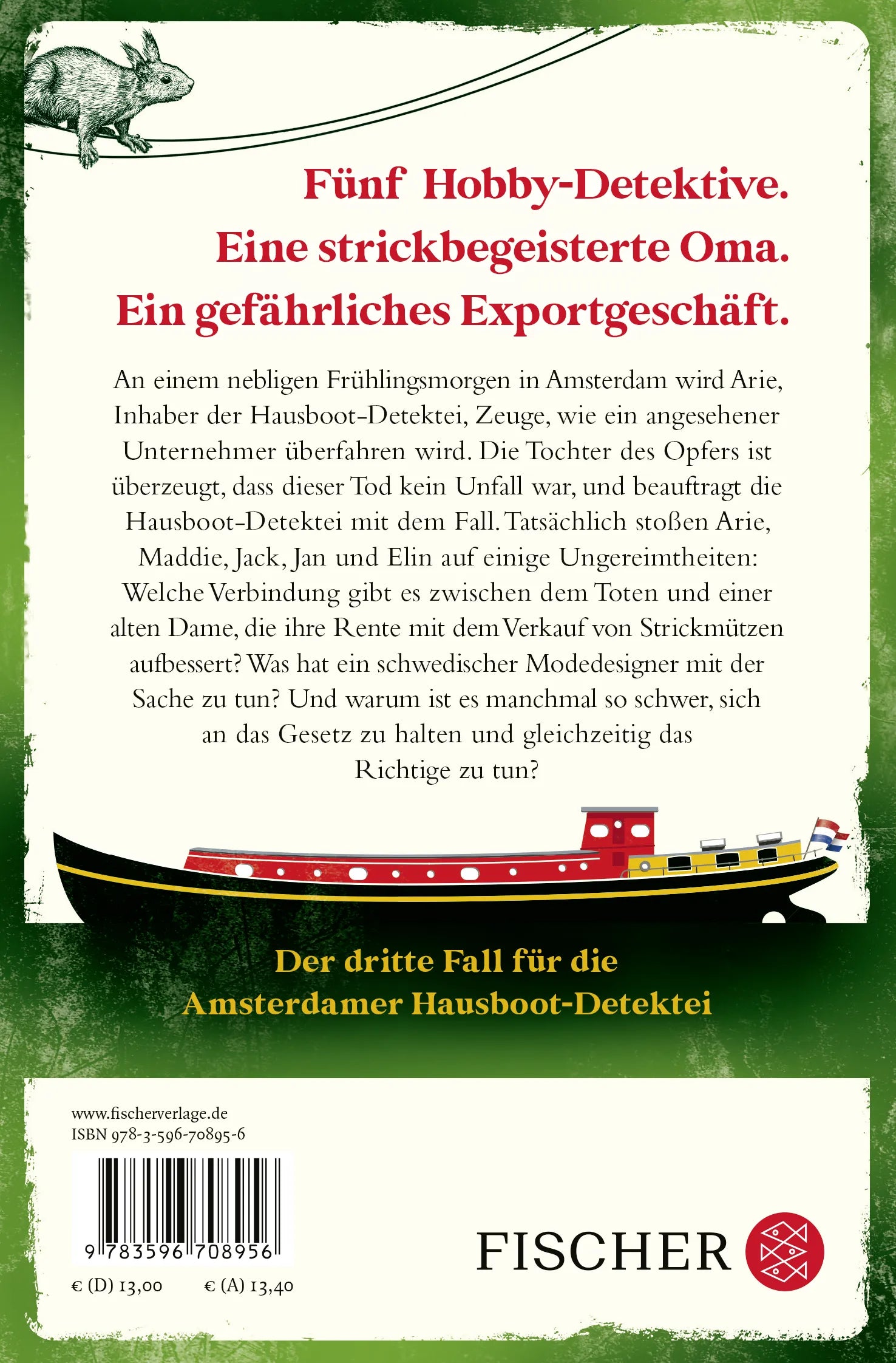 Buchrückseite von 'Die Hausboot-Detektei - Tödlicher Stoff' mit Klappentext - Taschenbuch