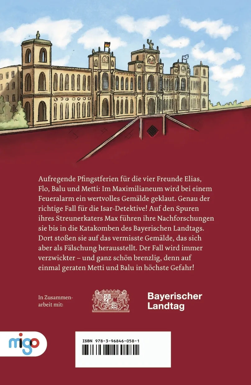 Buchrückseite von 'Die Isar-Detektive 1. Falscher Alarm' mit Klappentext - Taschenbuch