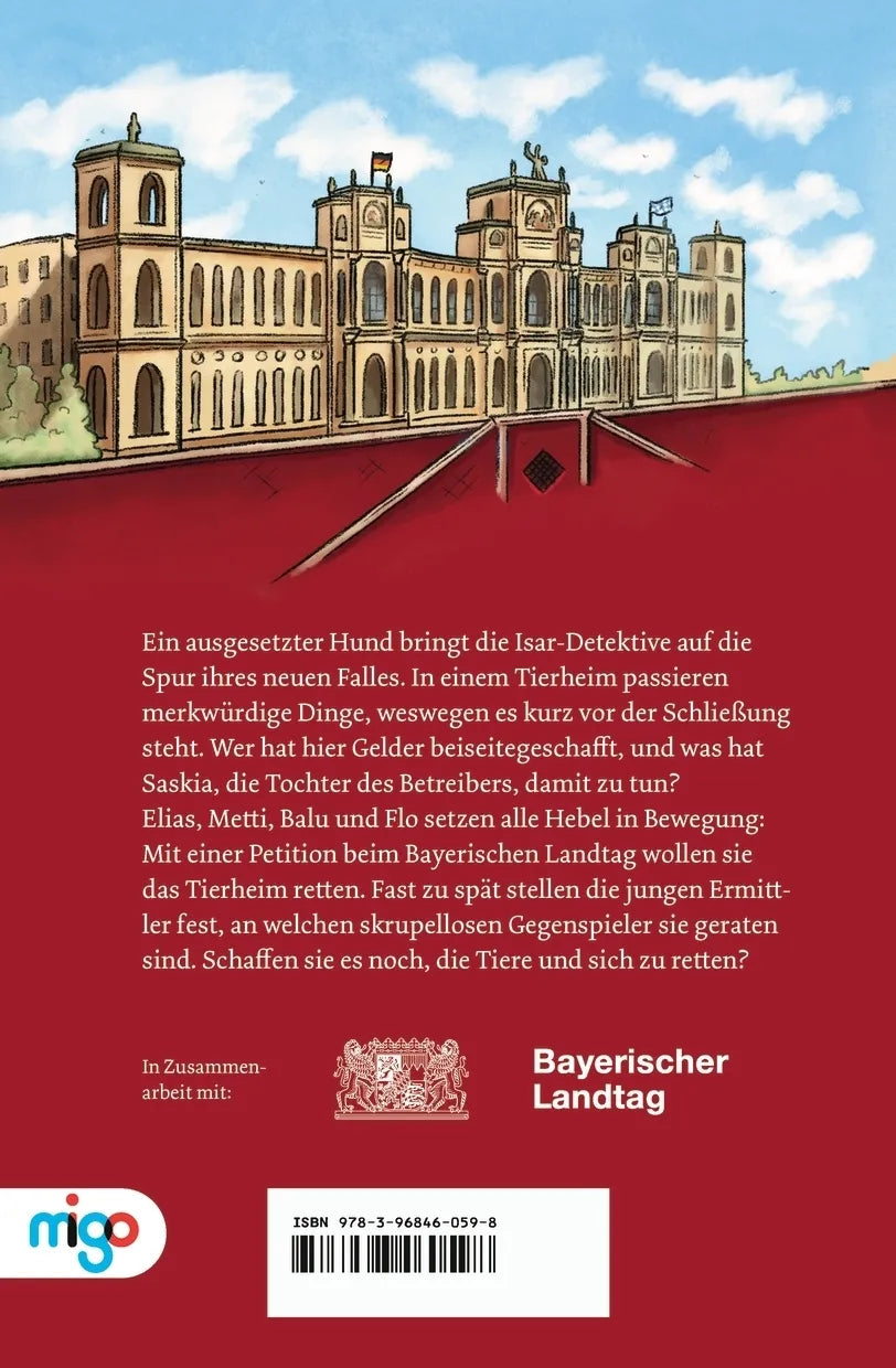 Buchrückseite von 'Die Isar-Detektive 2. Verdacht im Tierheim' mit Klappentext - Taschenbuch