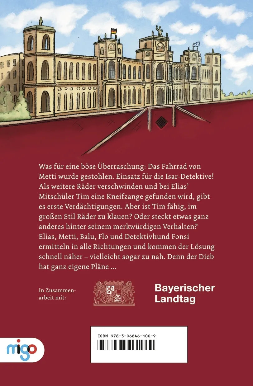 Buchrückseite von 'Die Isar-Detektive 3. Eine Falle für die Fahrraddiebe' mit Klappentext - Taschenbuch