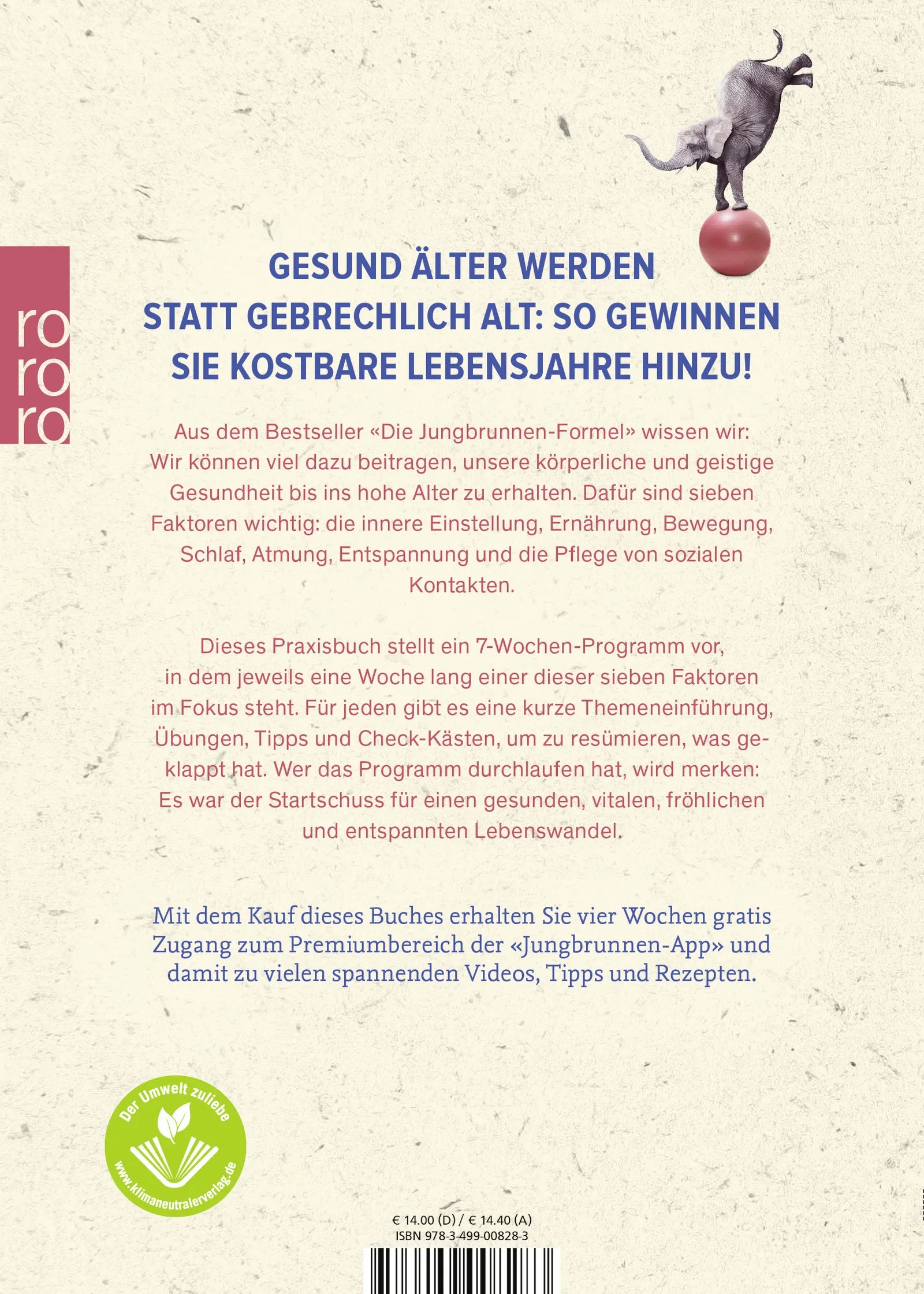 Buchrückseite von 'Die Jungbrunnen-Formel - Das Praxisbuch' mit Klappentext - Taschenbuch