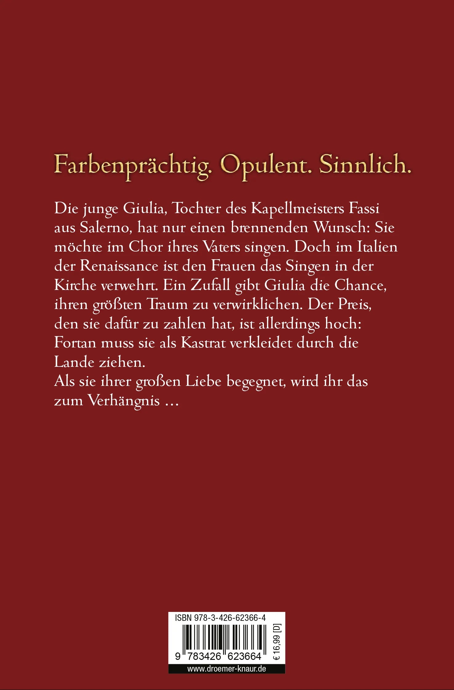 Buchrückseite von 'Die Kastratin' mit Klappentext - Taschenbuch