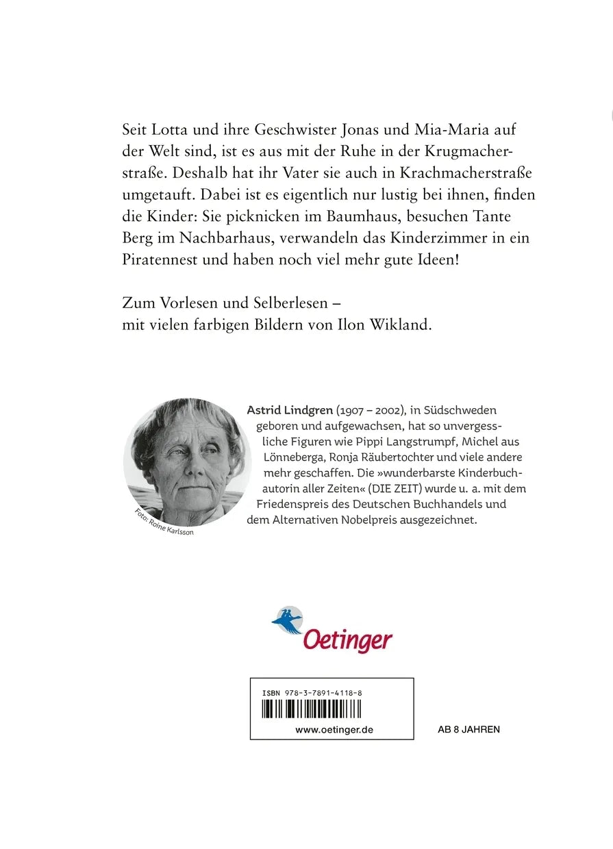 Buchrückseite von 'Die Kinder aus der Krachmacherstraße' mit Klappentext - Gebundene Ausgabe