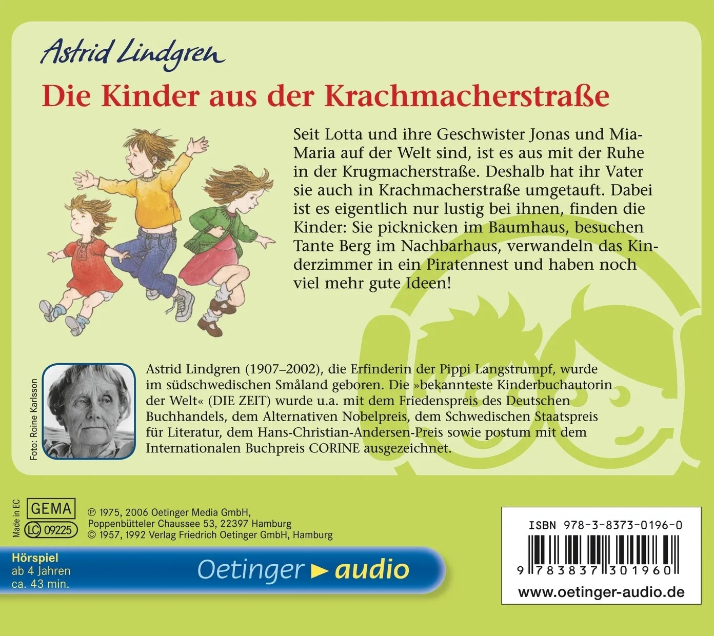 Buchrückseite von 'Die Kinder aus der Krachmacherstraße. Hörspielklassiker' mit Klappentext - Hörbuch (CD)