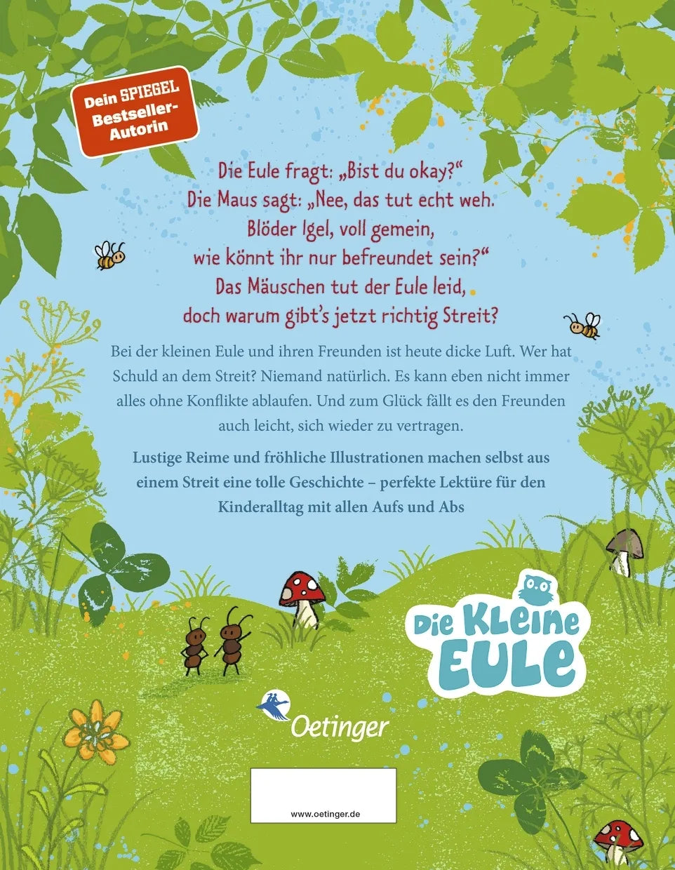 Buchrückseite von 'Die kleine Eule und der große Streit' mit Klappentext - Gebundene Ausgabe