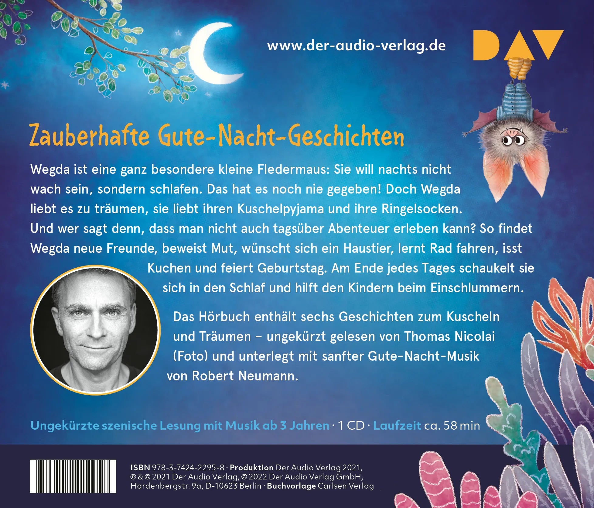 Buchrückseite von 'Die kleine Fledermaus Wegda' mit Klappentext - Hörbuch (CD)
