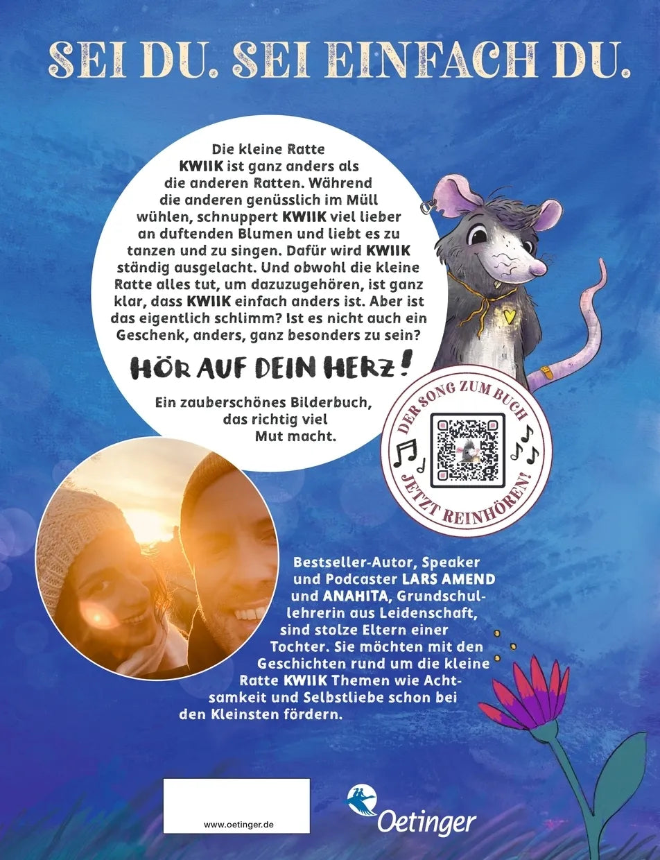 Buchrückseite von 'Die kleine Ratte Kwiik macht stark. Weil ich anders bin' mit Klappentext - Gebundene Ausgabe