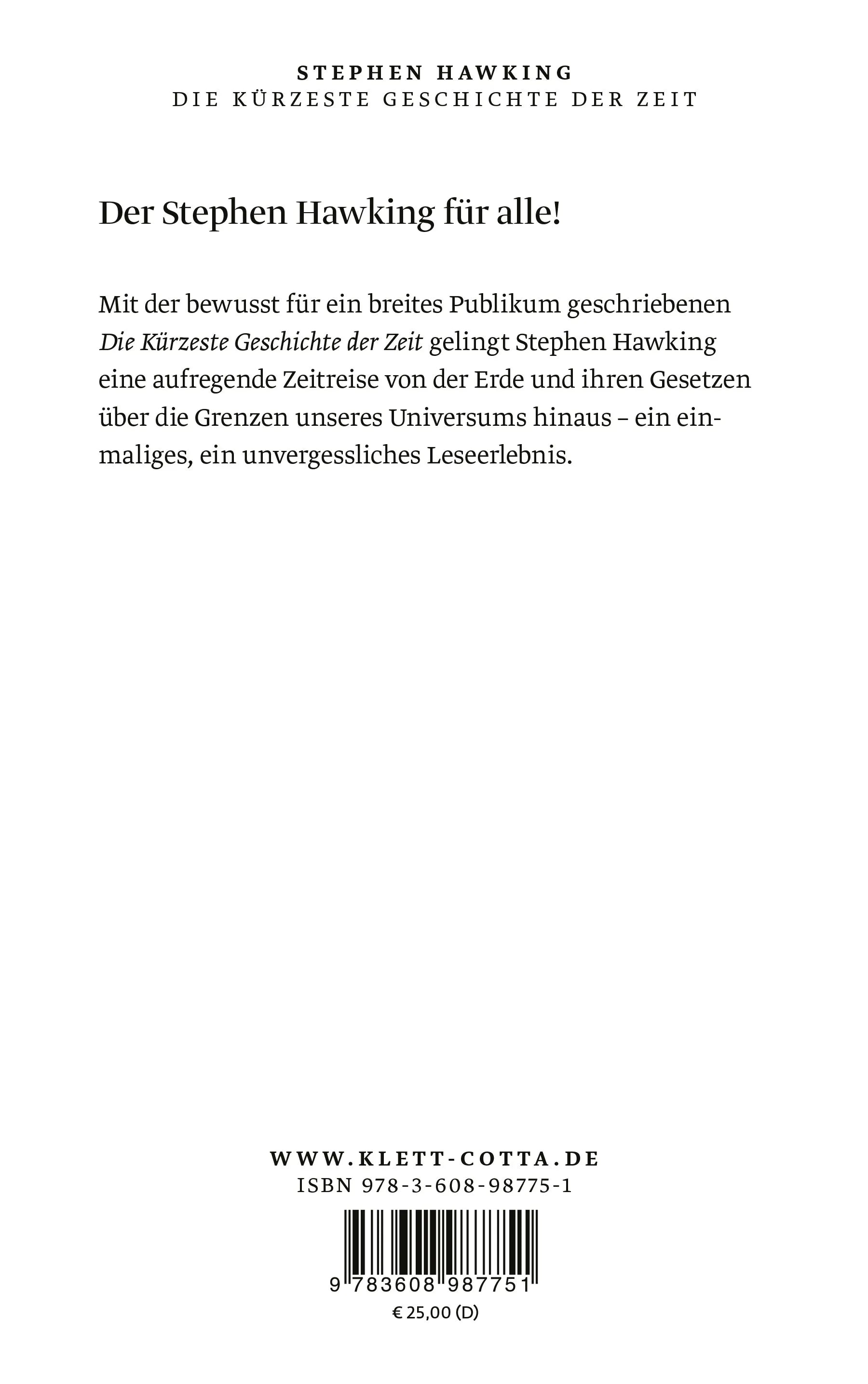 Buchrückseite von 'Die kürzeste Geschichte der Zeit' mit Klappentext - Gebundene Ausgabe