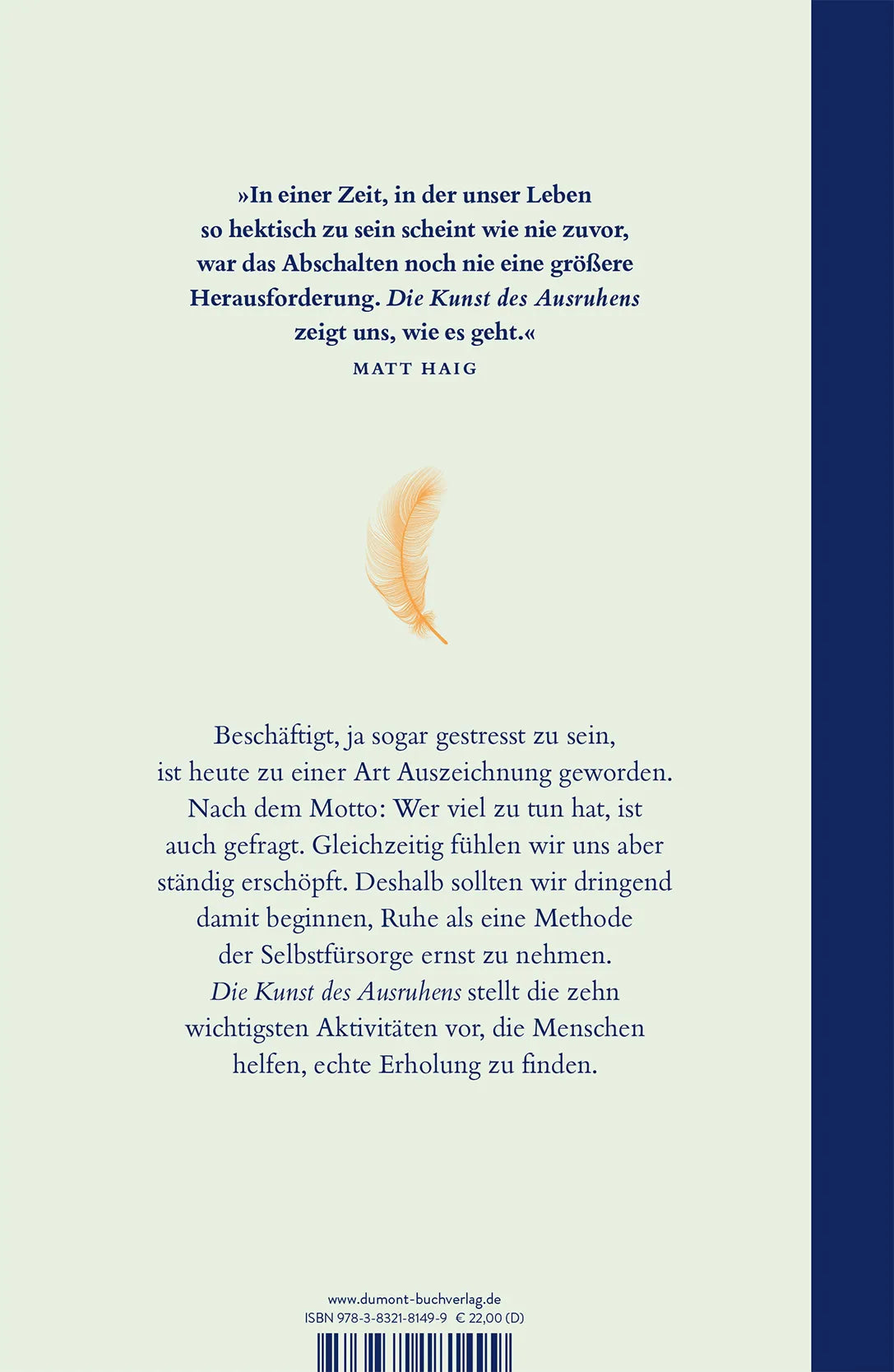 Buchrückseite von 'Die Kunst des Ausruhens' mit Klappentext - Gebundene Ausgabe