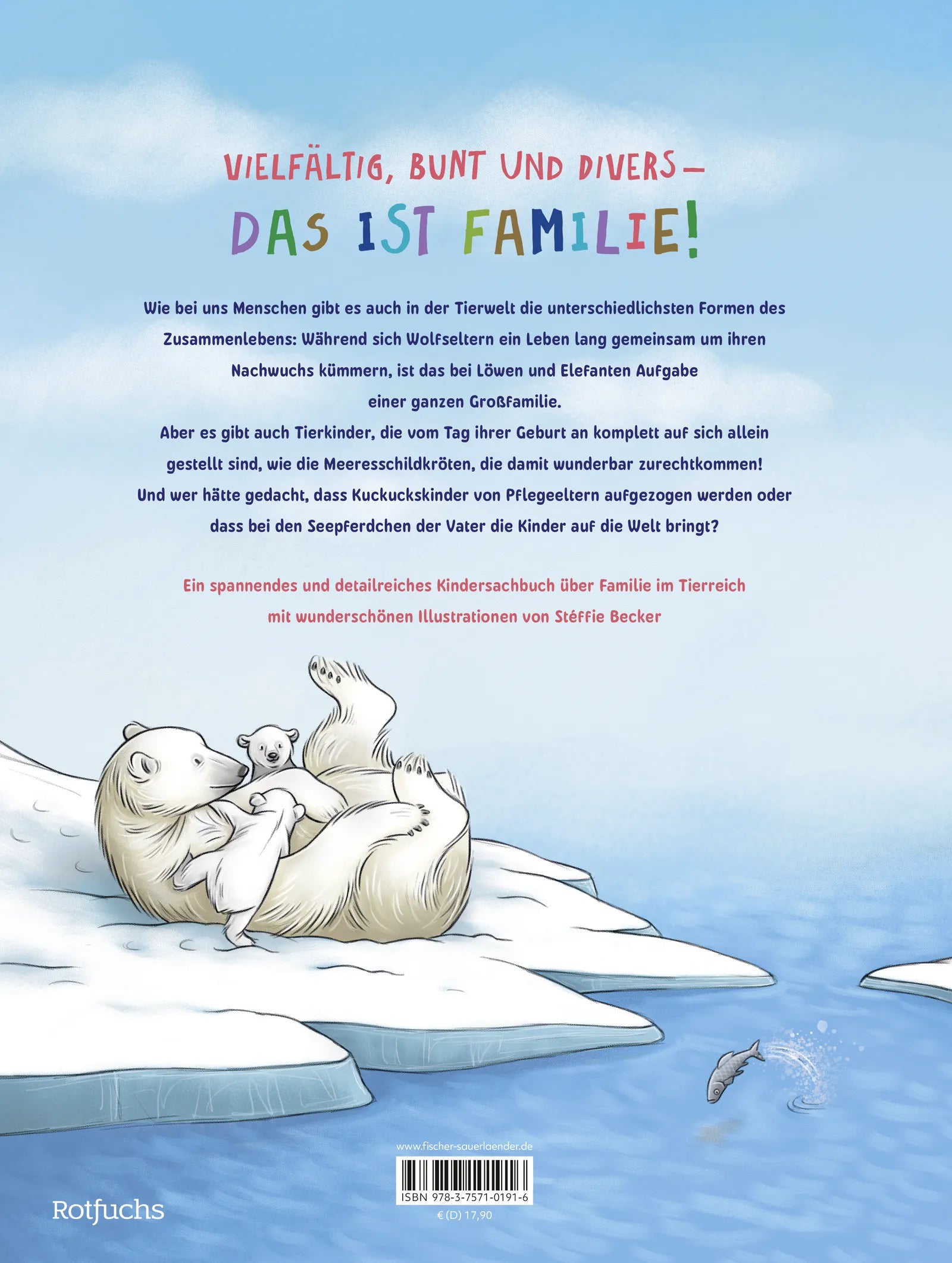 Buchrückseite von 'Die kunterbunte Welt der Tierfamilien' mit Klappentext - Gebundene Ausgabe