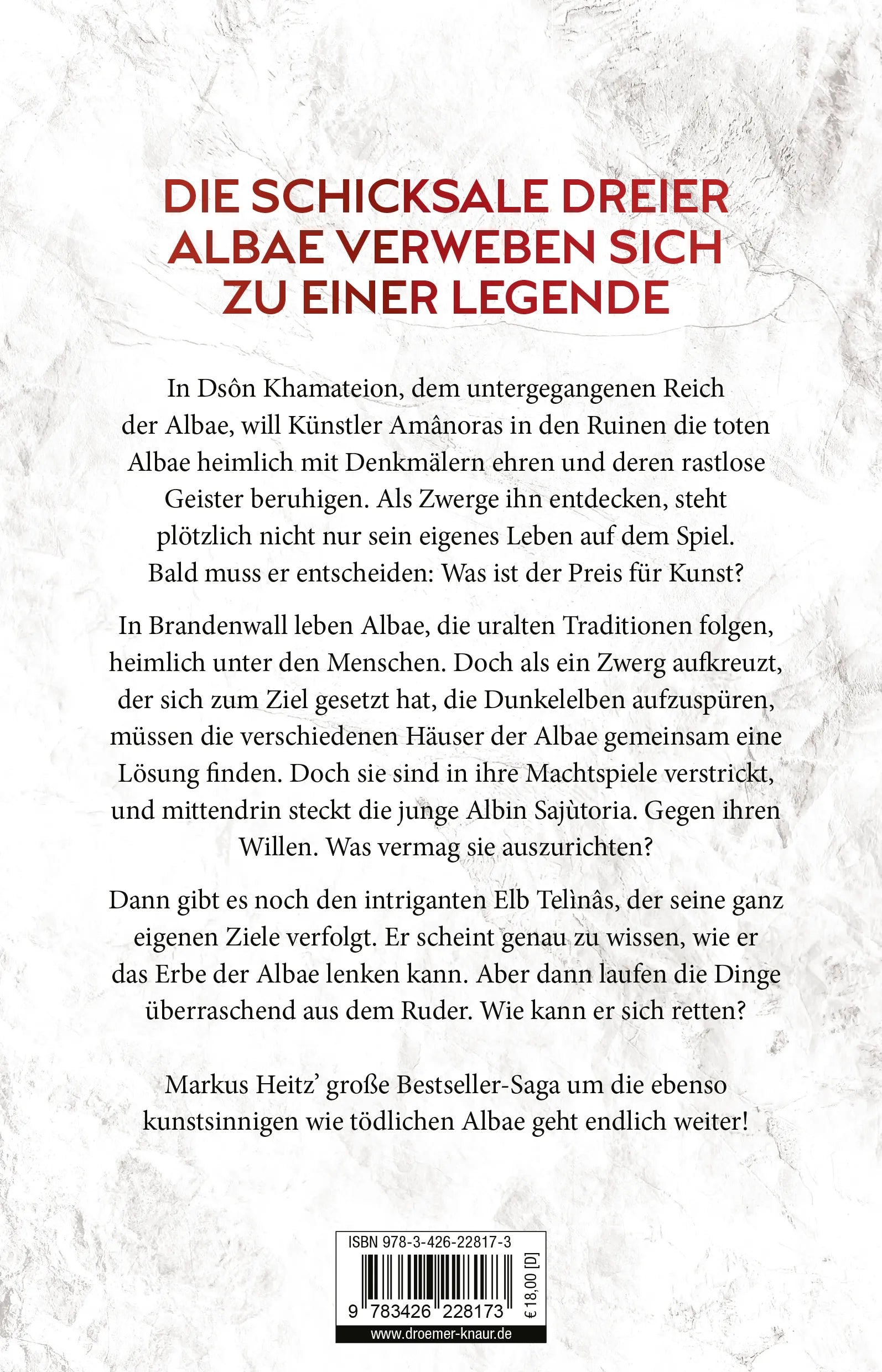 Buchrückseite von 'Die Legenden der Albae - Dunkles Erbe' mit Klappentext - Paperback