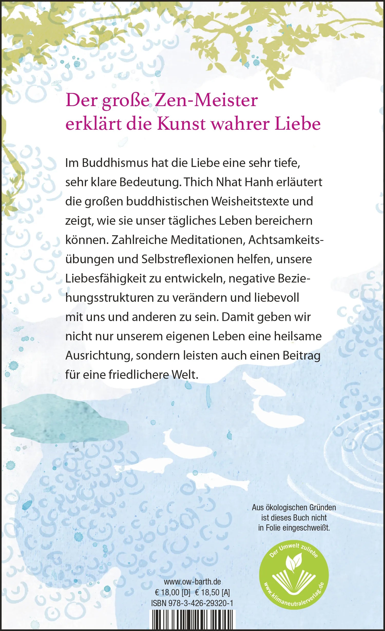 Buchrückseite von 'Die Lehre des Buddha über die Liebe' mit Klappentext - Gebundene Ausgabe