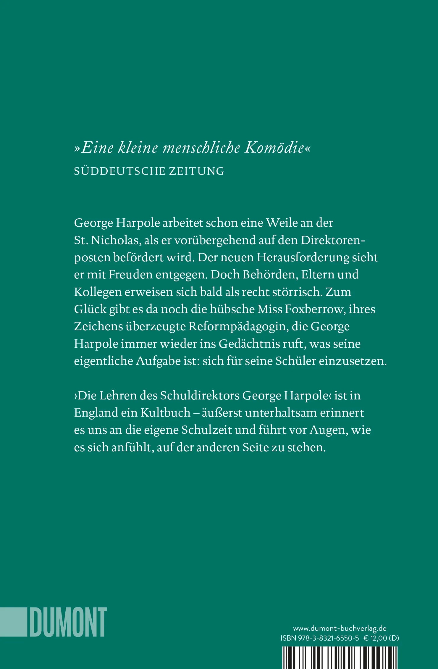 Buchrückseite von 'Die Lehren des Schuldirektors George Harpole' mit Klappentext - Taschenbuch
