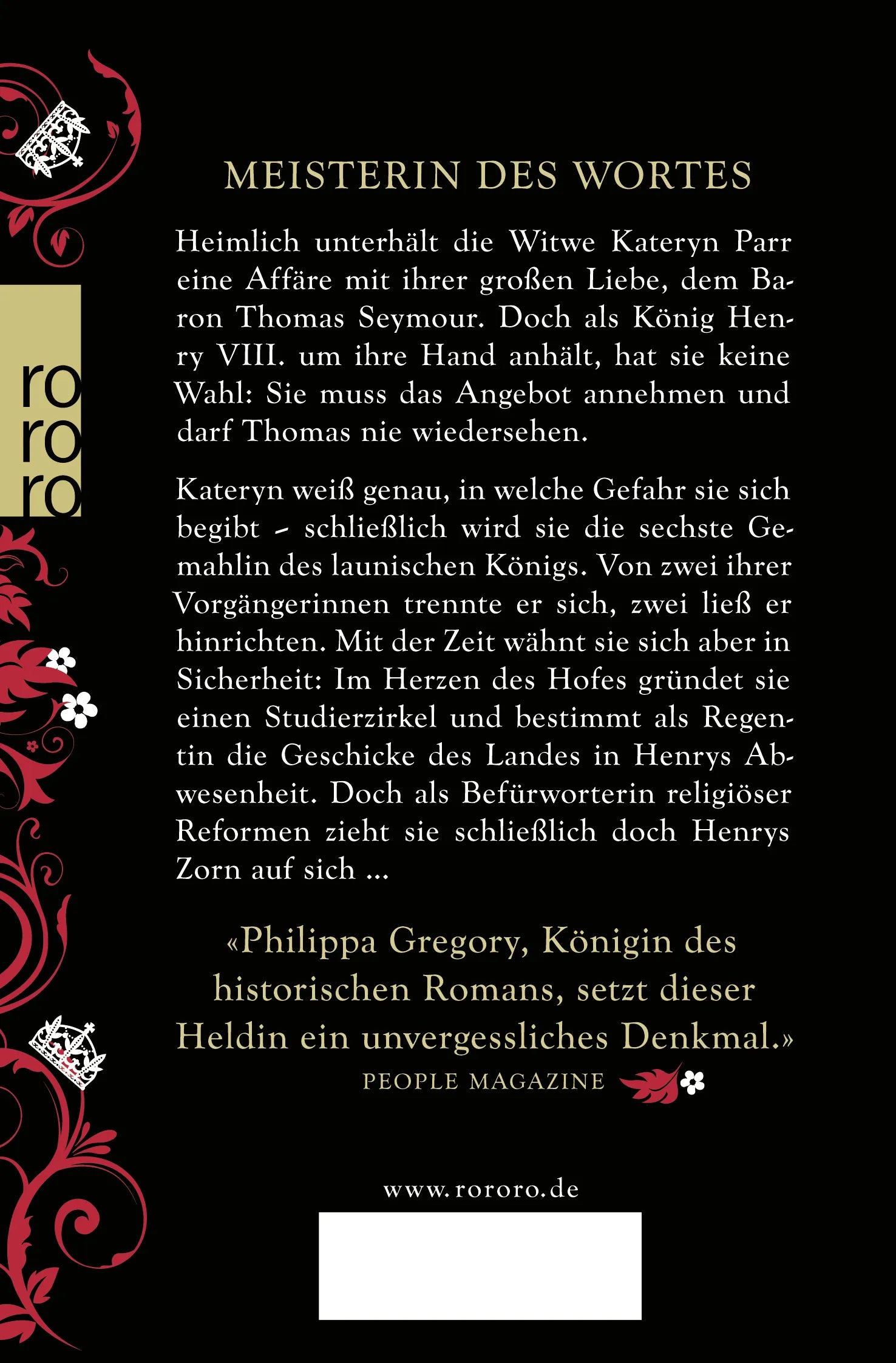 Buchrückseite von 'Die letzte Gemahlin des Königs' mit Klappentext - Taschenbuch