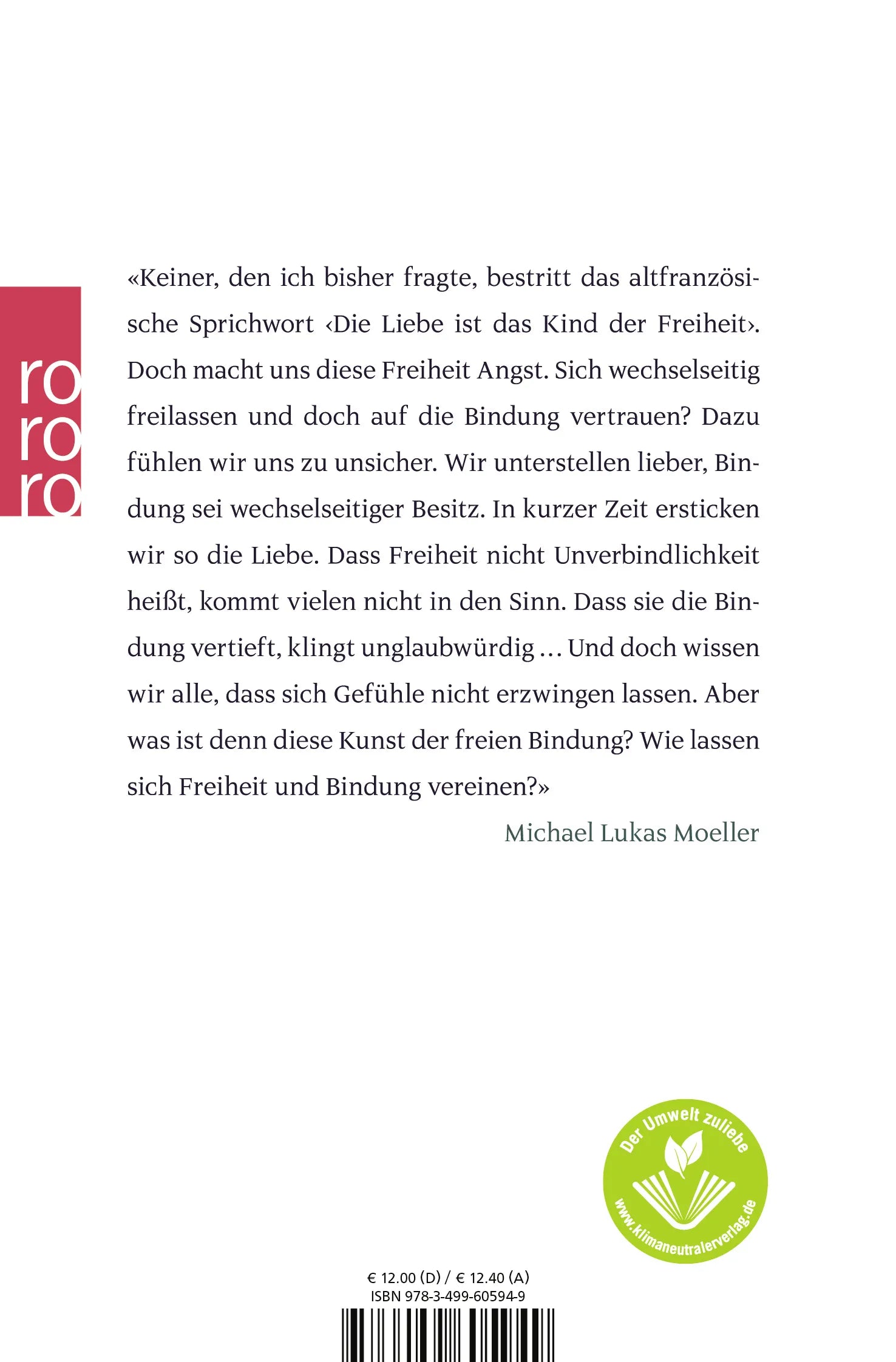 Buchrückseite von 'Die Liebe ist das Kind der Freiheit' mit Klappentext - Taschenbuch