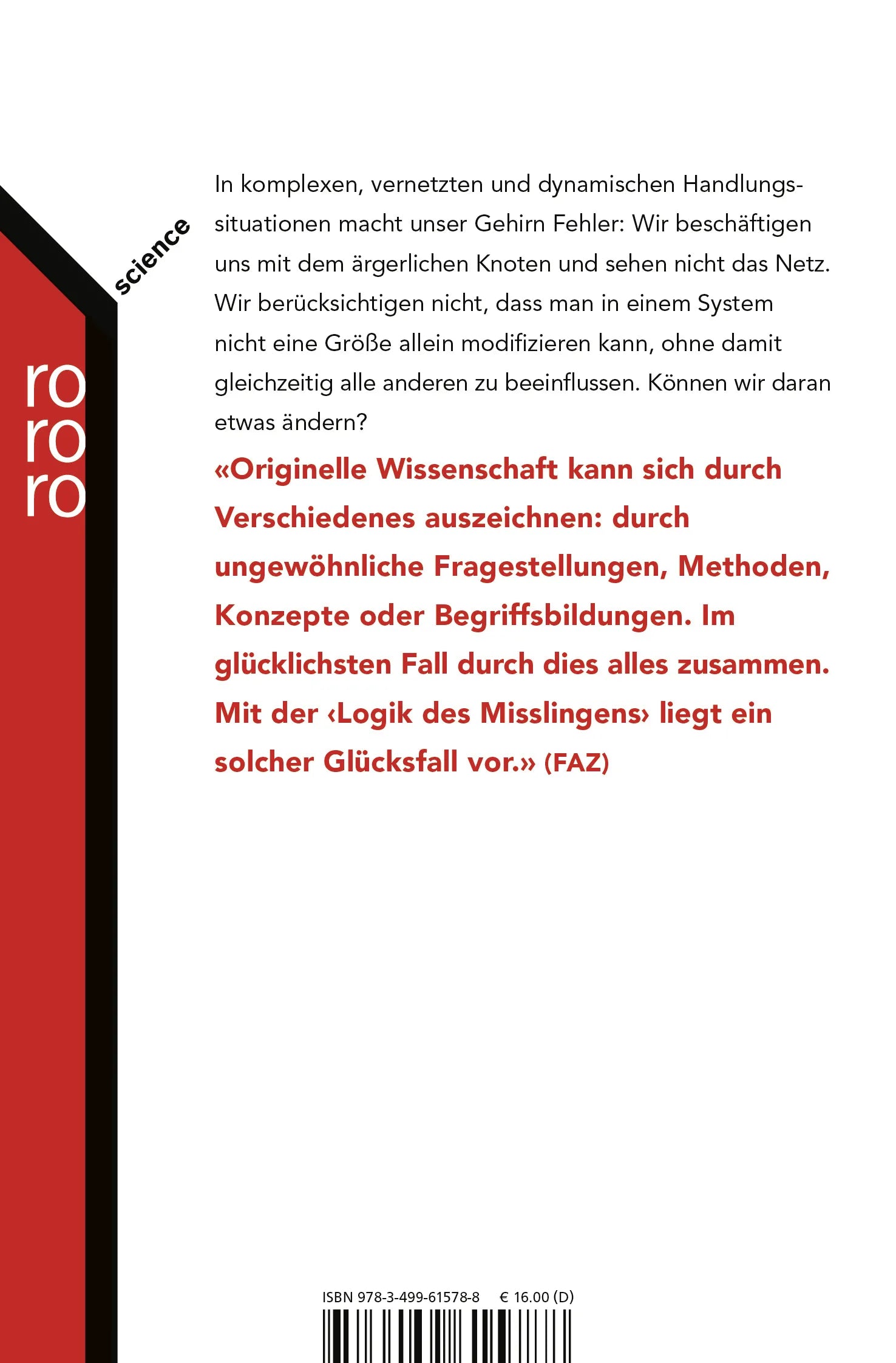Buchrückseite von 'Die Logik des Misslingens' mit Klappentext - Taschenbuch