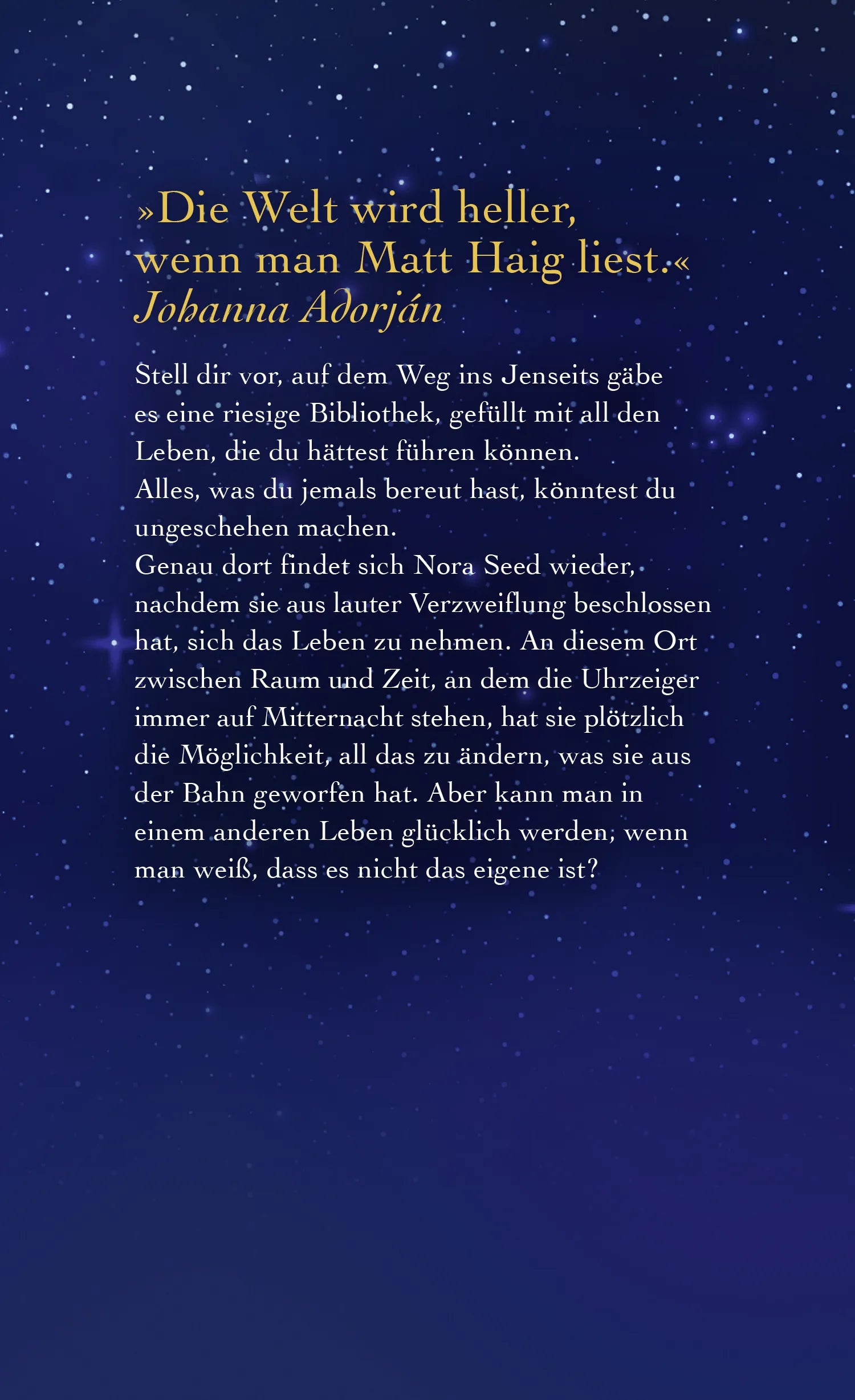 Buchrückseite von 'Die Mitternachtsbibliothek' mit Klappentext - Gebundene Ausgabe