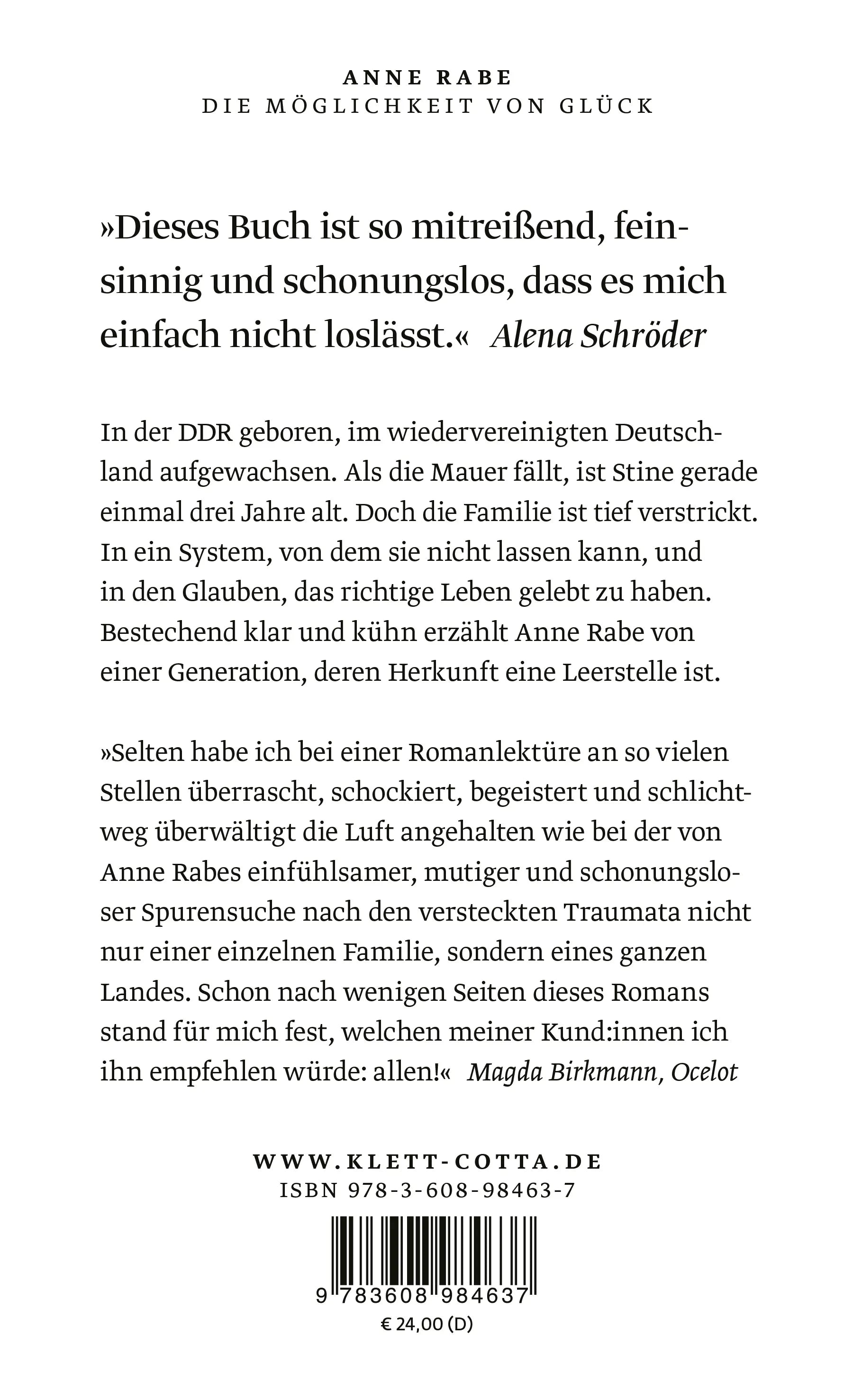 Buchrückseite von 'Die Möglichkeit von Glück' mit Klappentext - Gebundene Ausgabe