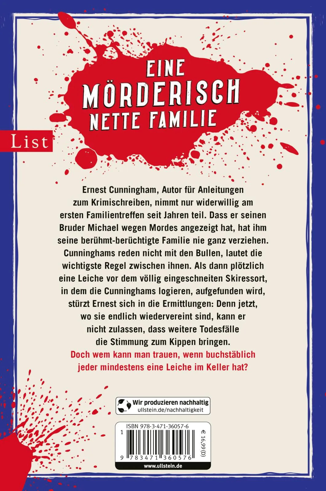 Buchrückseite von 'Die mörderischen Cunninghams. Irgendwen haben wir doch alle auf dem Gewissen' mit Klappentext - Paperback