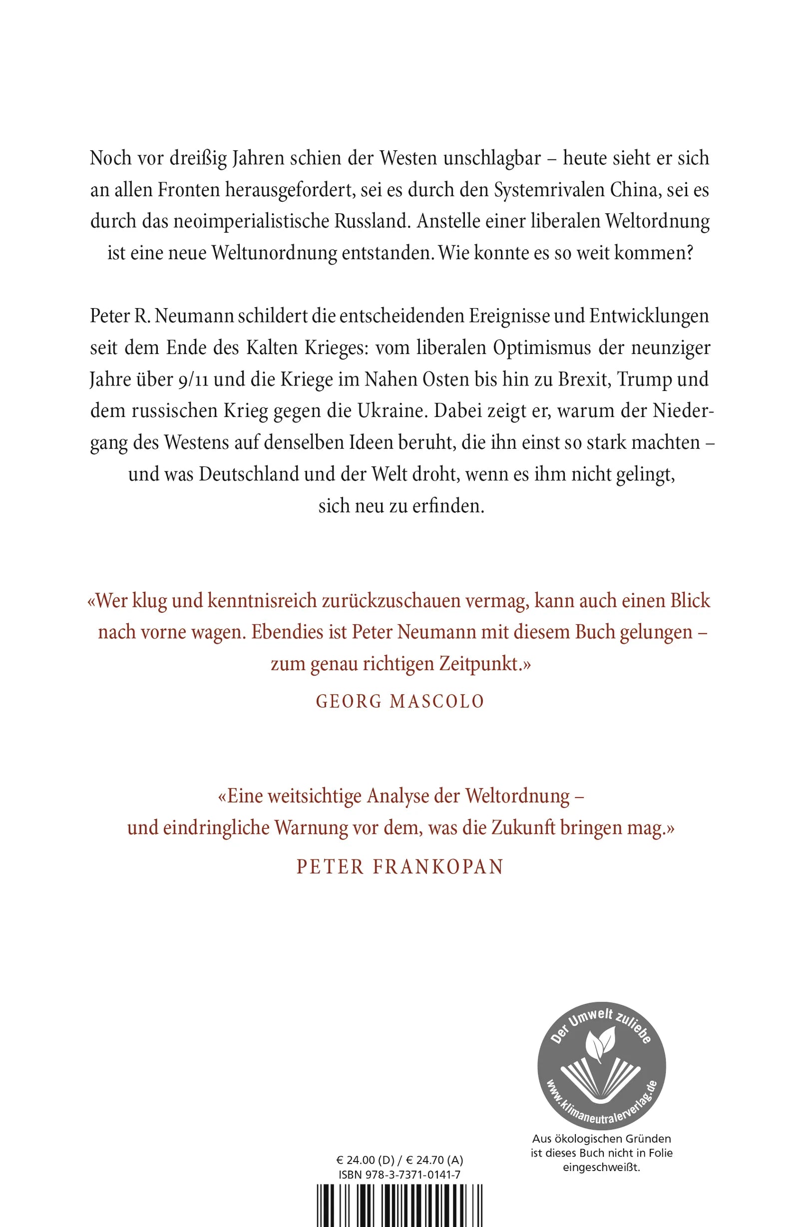 Buchrückseite von 'Die neue Weltunordnung' mit Klappentext - Gebundene Ausgabe